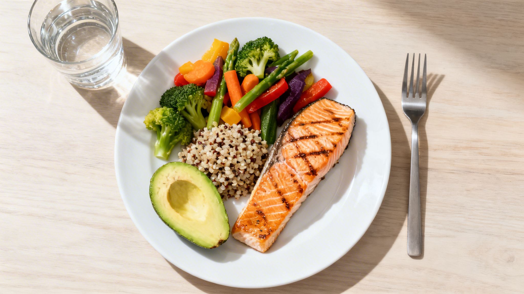A healthy meal with grilled salmon, quinoa, avocado, and colorful vegetables on a white plate.