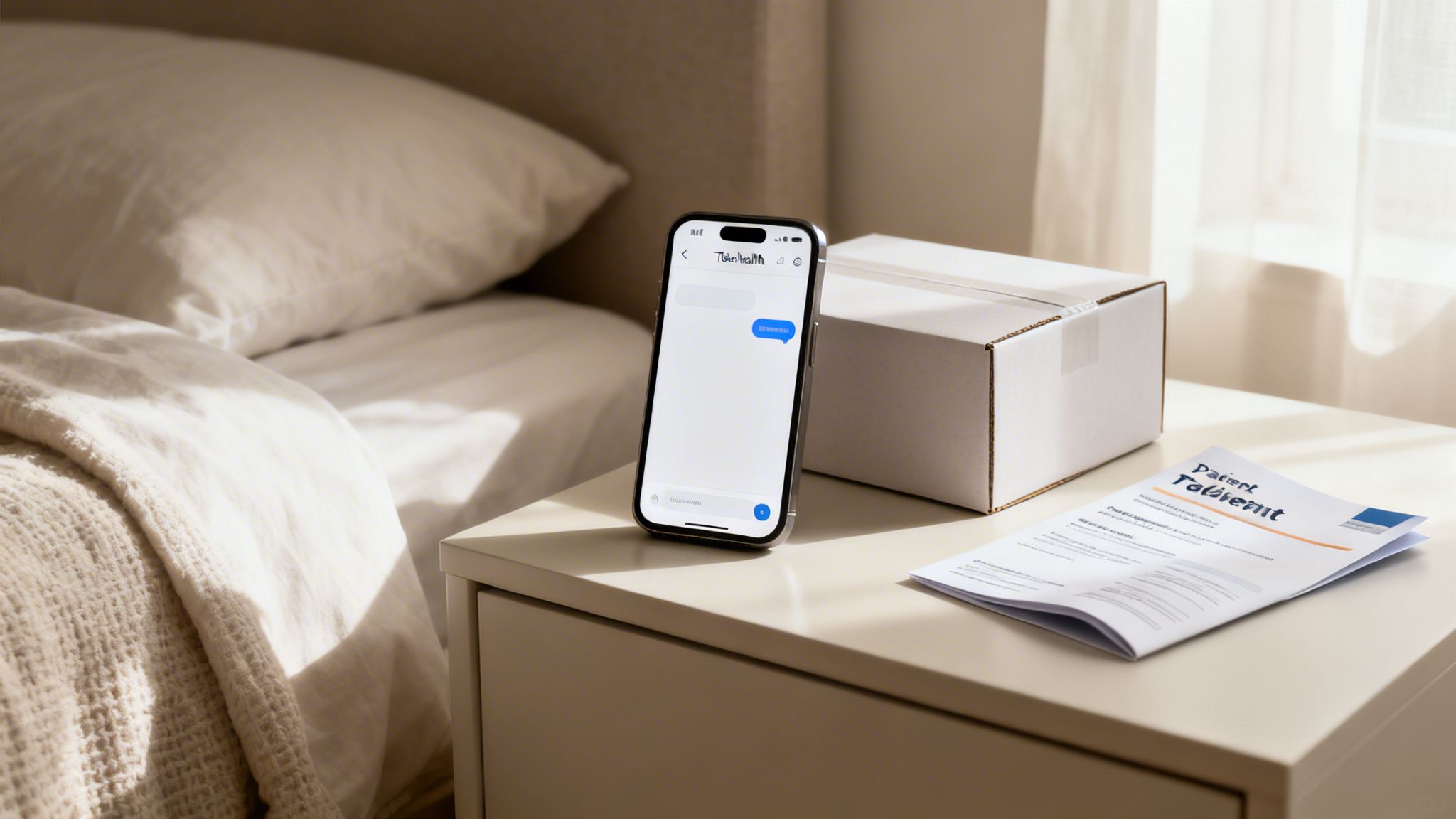 A smartphone displays a telehealth app next to a package and patient document on a nightstand.