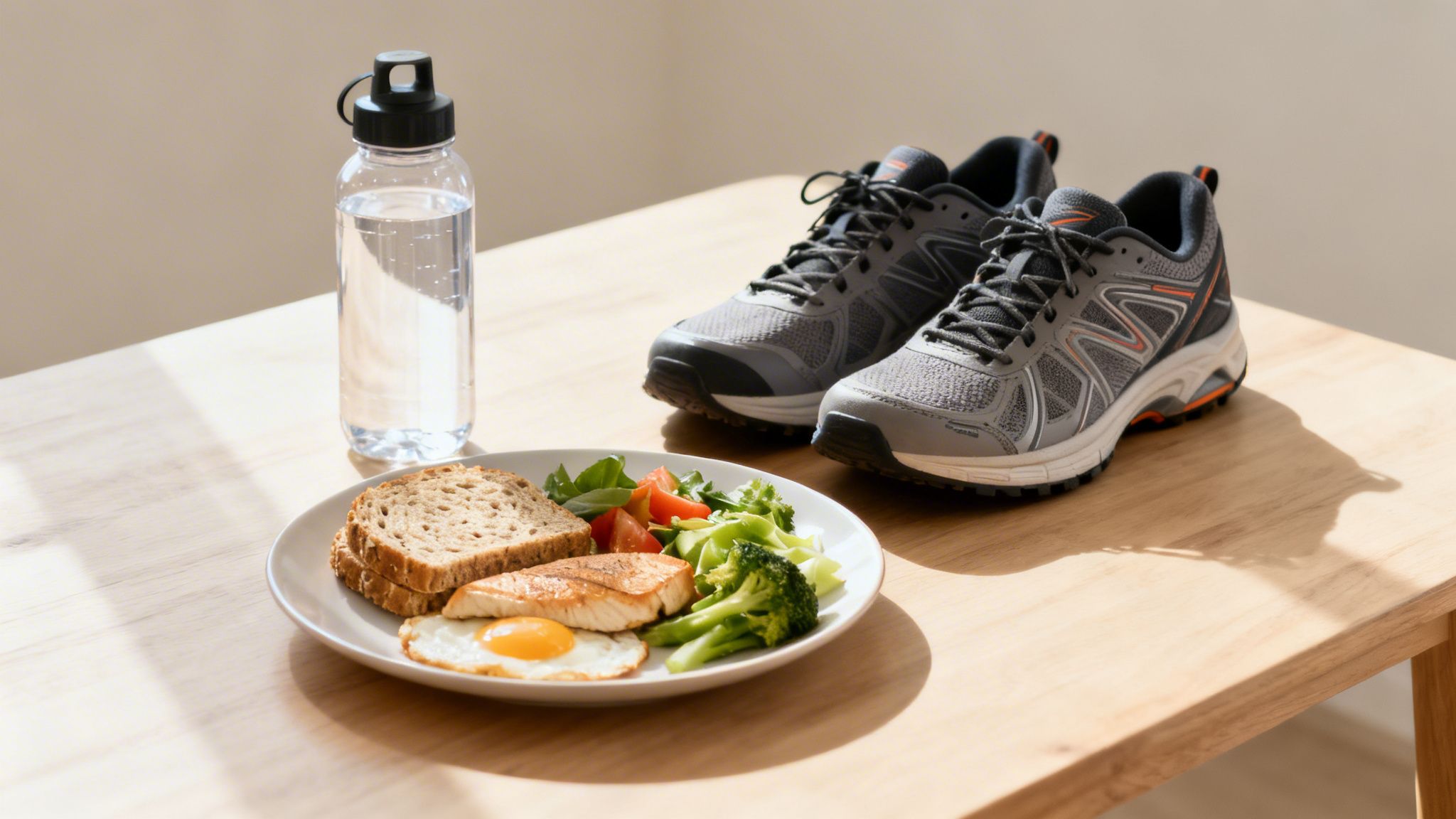 A balanced meal of salmon, egg, toast, and vegetables with water and running shoes for a healthy routine.