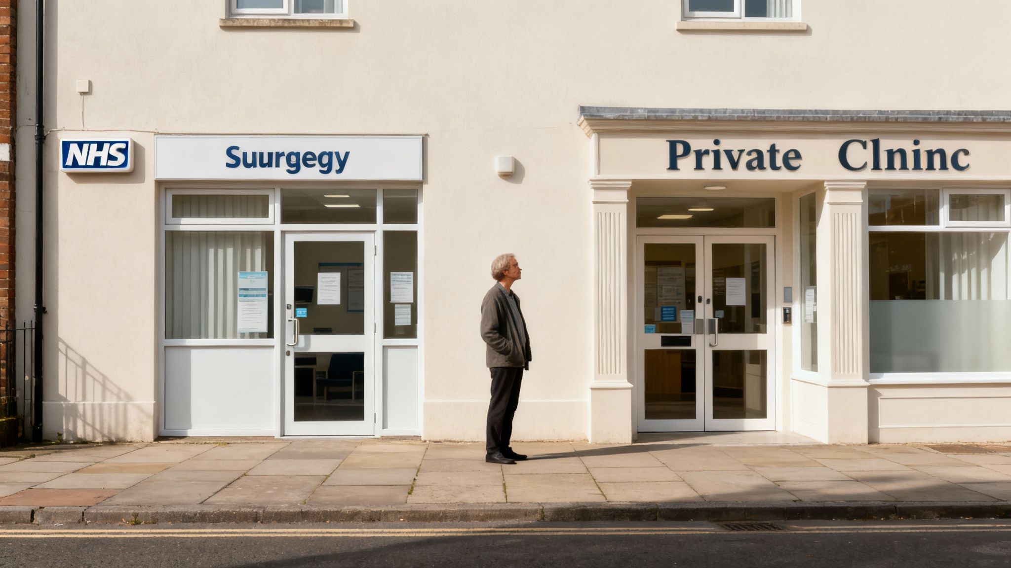 A man stands between an NHS Suurgegy and a Private Clninc, representing healthcare choices.