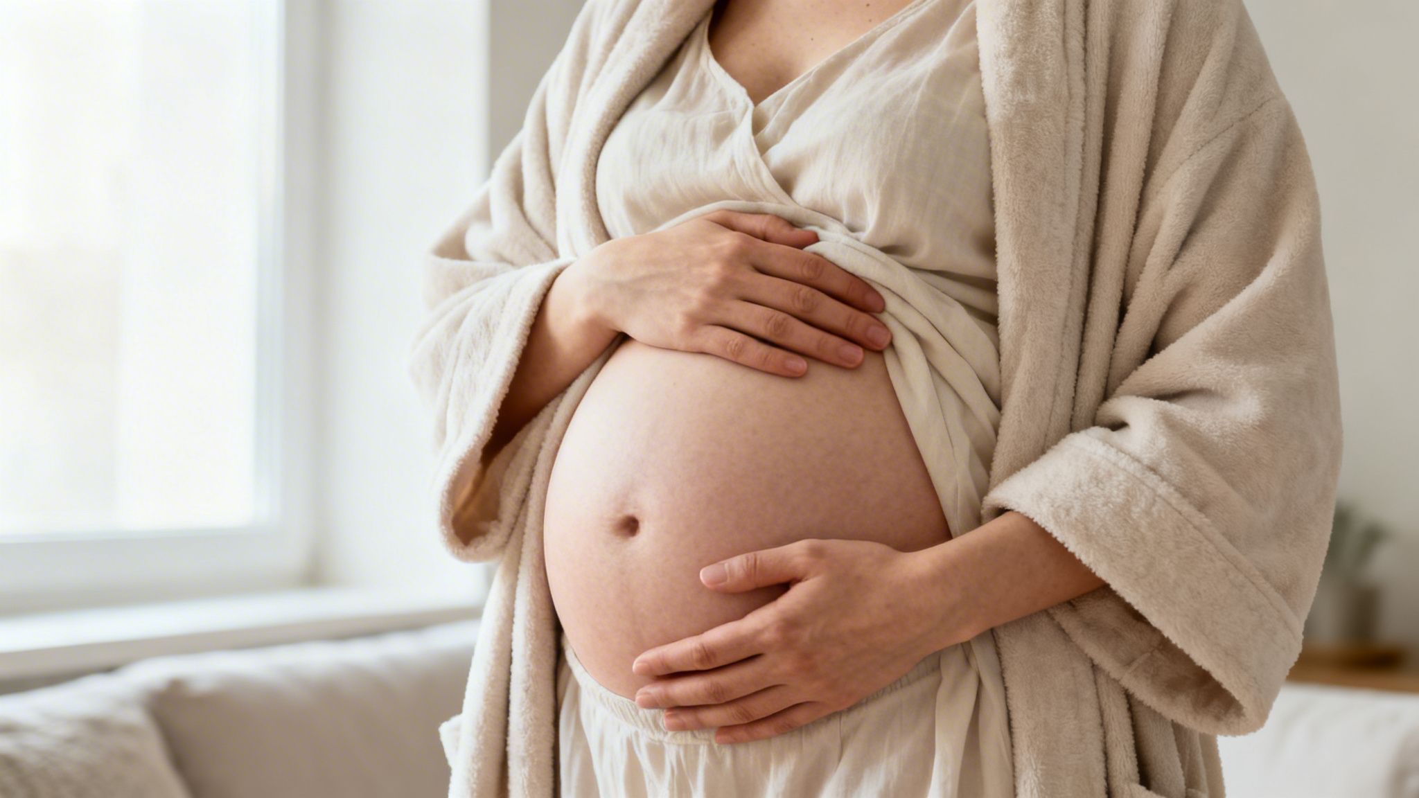 Close-up of a pregnant woman wearing a robe, gently cradling her bare baby bump indoors.