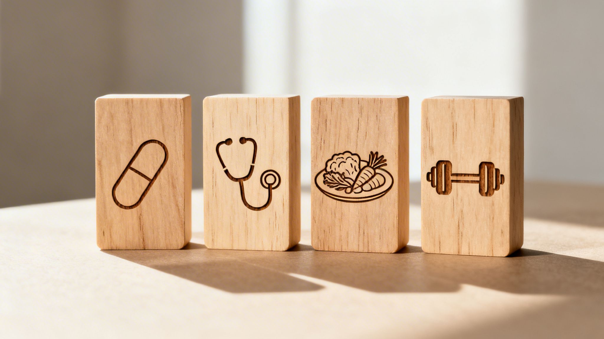 Four wooden blocks displaying health icons: a pill, stethoscope, plate of vegetables, and a dumbbell.
