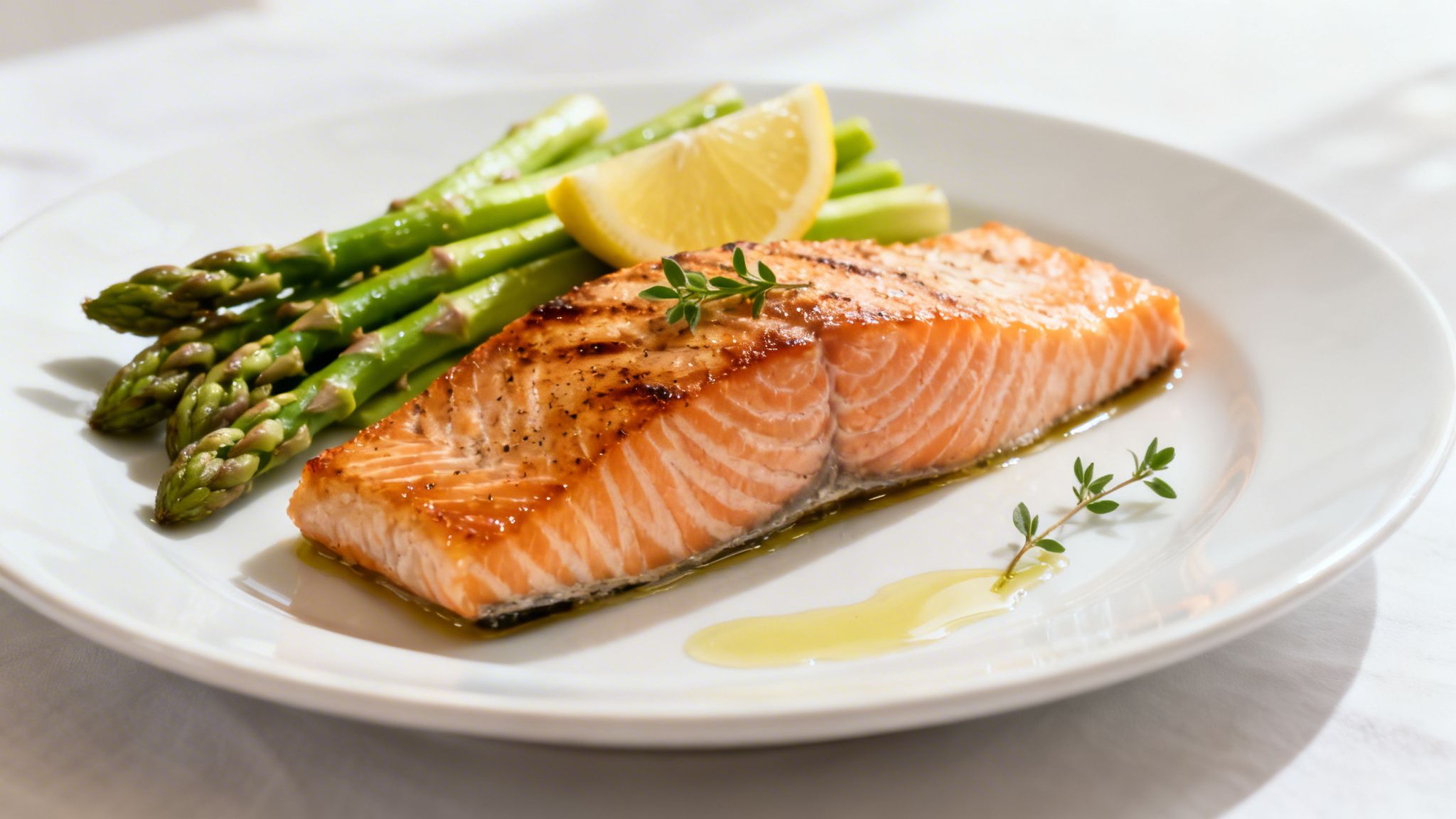 A perfectly grilled salmon fillet with green asparagus, a lemon wedge, and fresh thyme on a white plate.