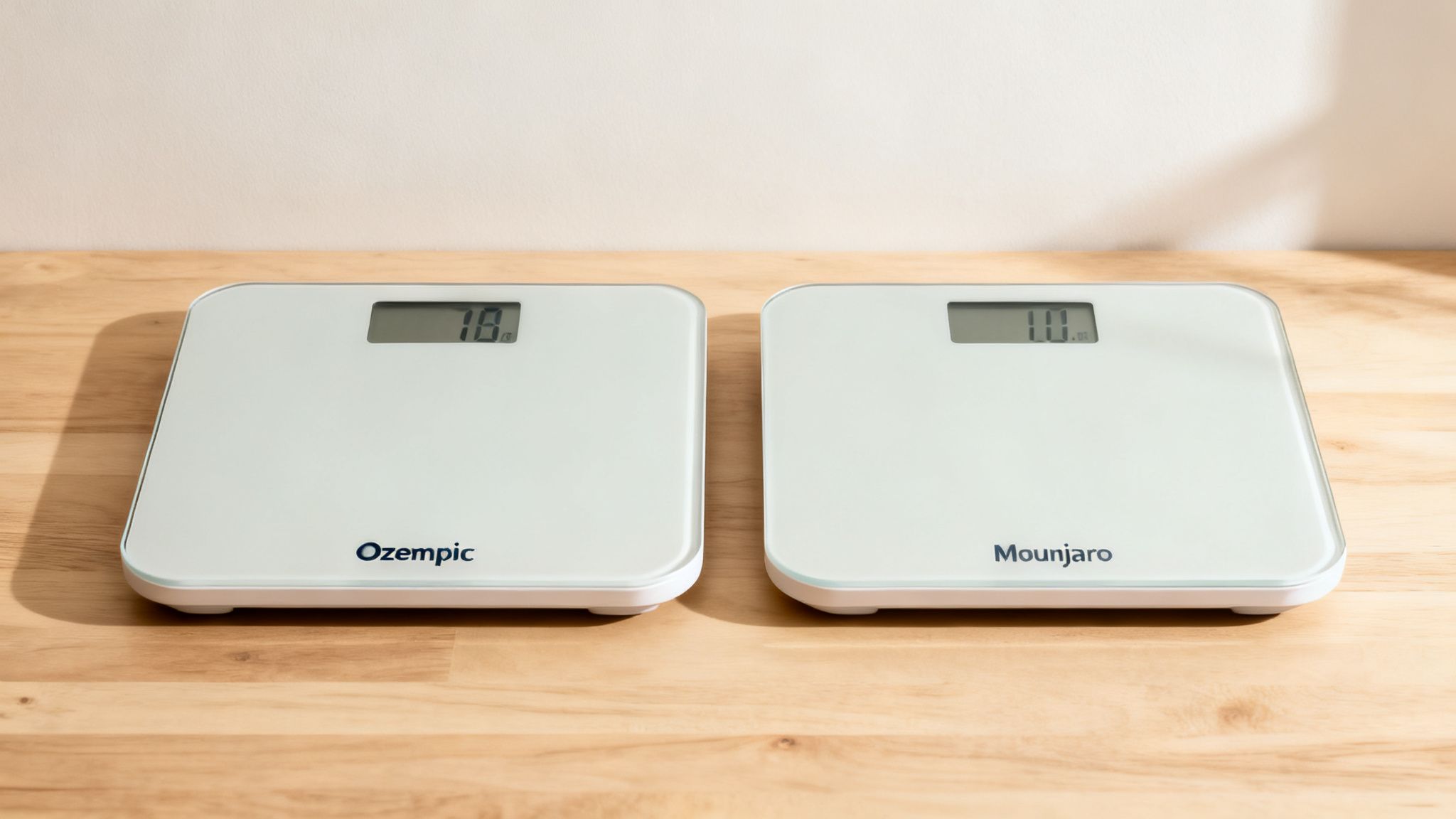 Two white digital scales on a wooden table, one for Ozempic showing 1.8 and another for Mounjaro showing 1.0.