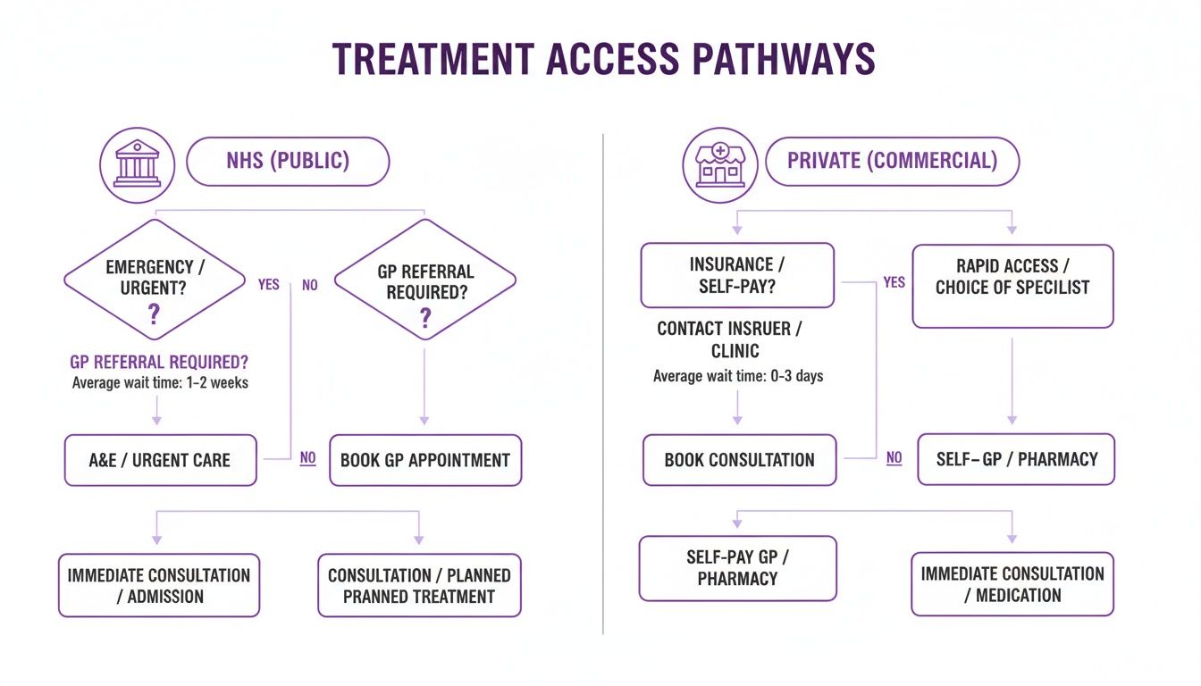 Flowchart comparing NHS public and private commercial healthcare access pathways, outlining steps and wait times.