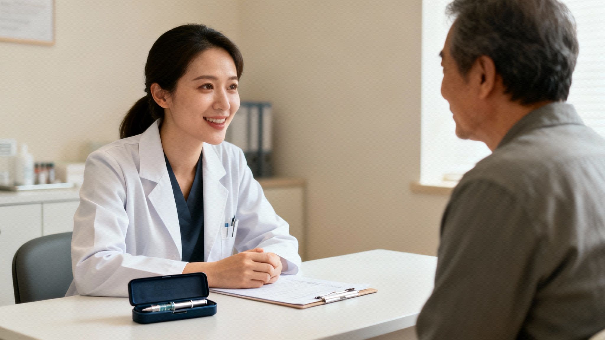 A smiling female doctor in a white coat consults with an older male patient at a desk, with an injection pen.