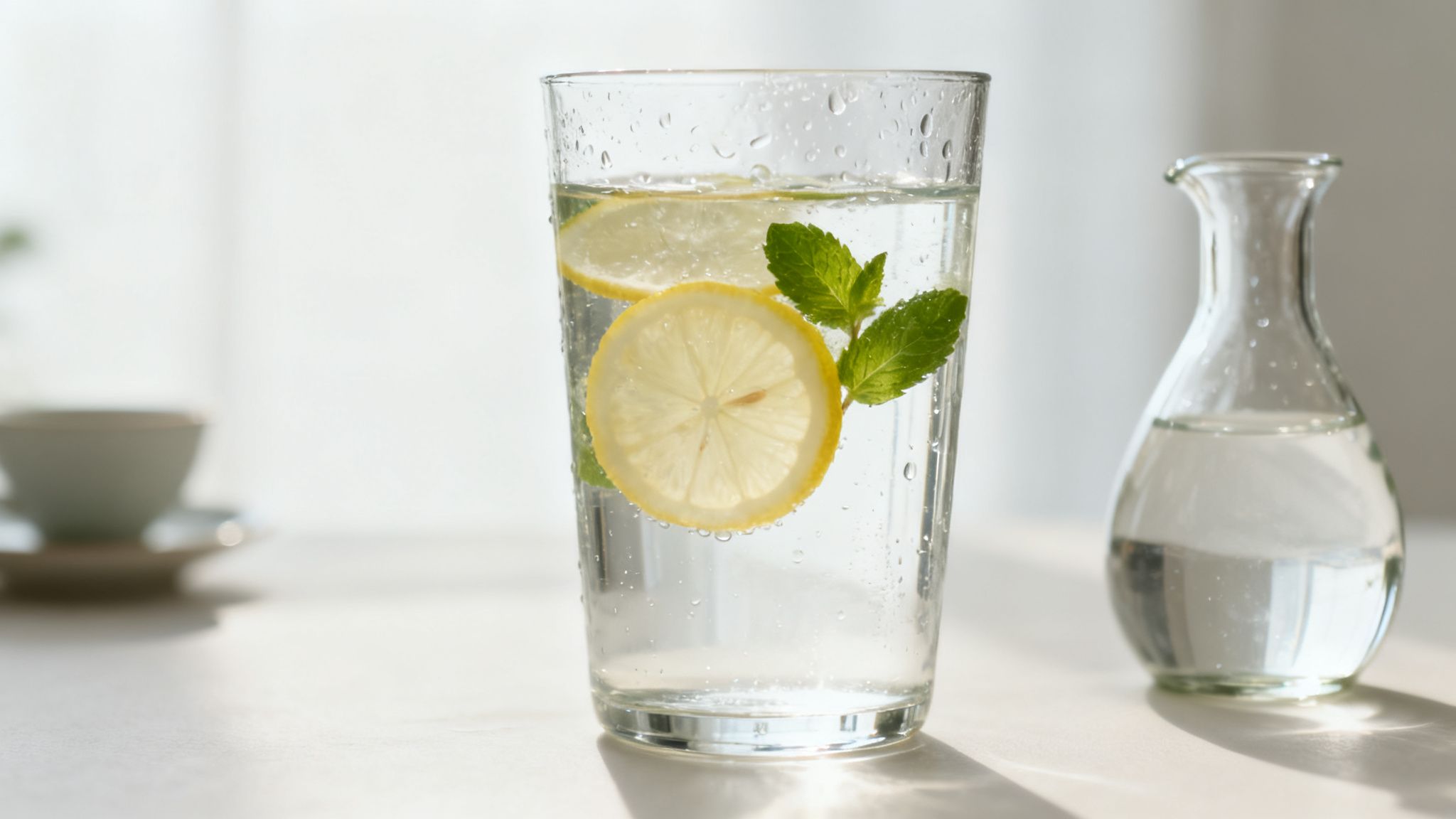 A refreshing glass of lemon and mint water sits beside a carafe on a light surface.
