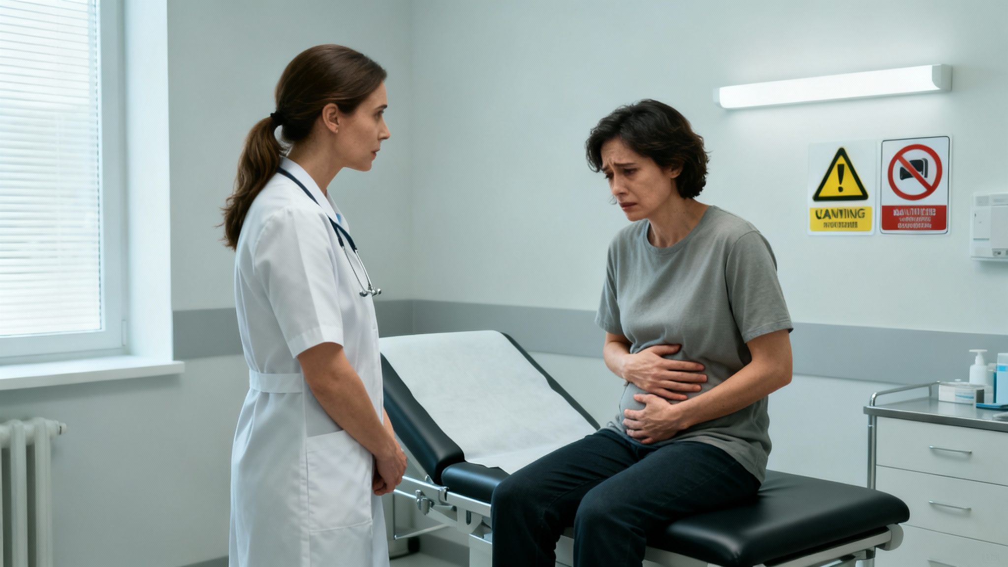 A doctor consults a female patient with stomach pain in a medical examination room.