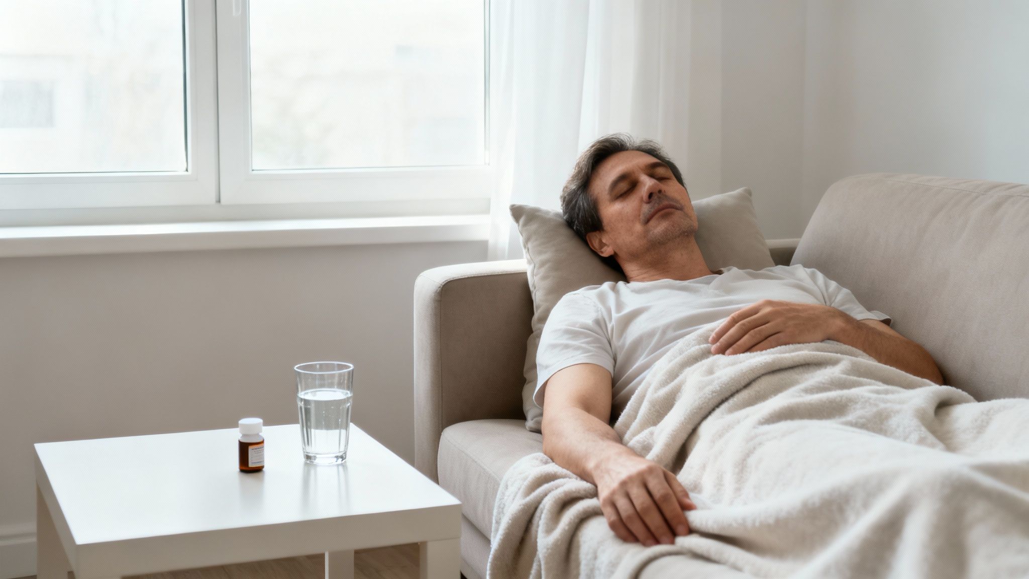 A man with dark hair sleeps on a beige couch under a blanket, with medication and water on a table nearby.