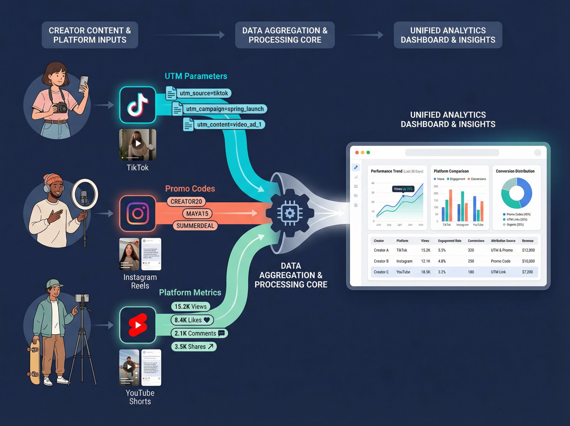 Influencer campaign tracking architecture showing data flow from TikTok, Reels, and Shorts through UTM parameters and promo codes into unified analytics dashboard