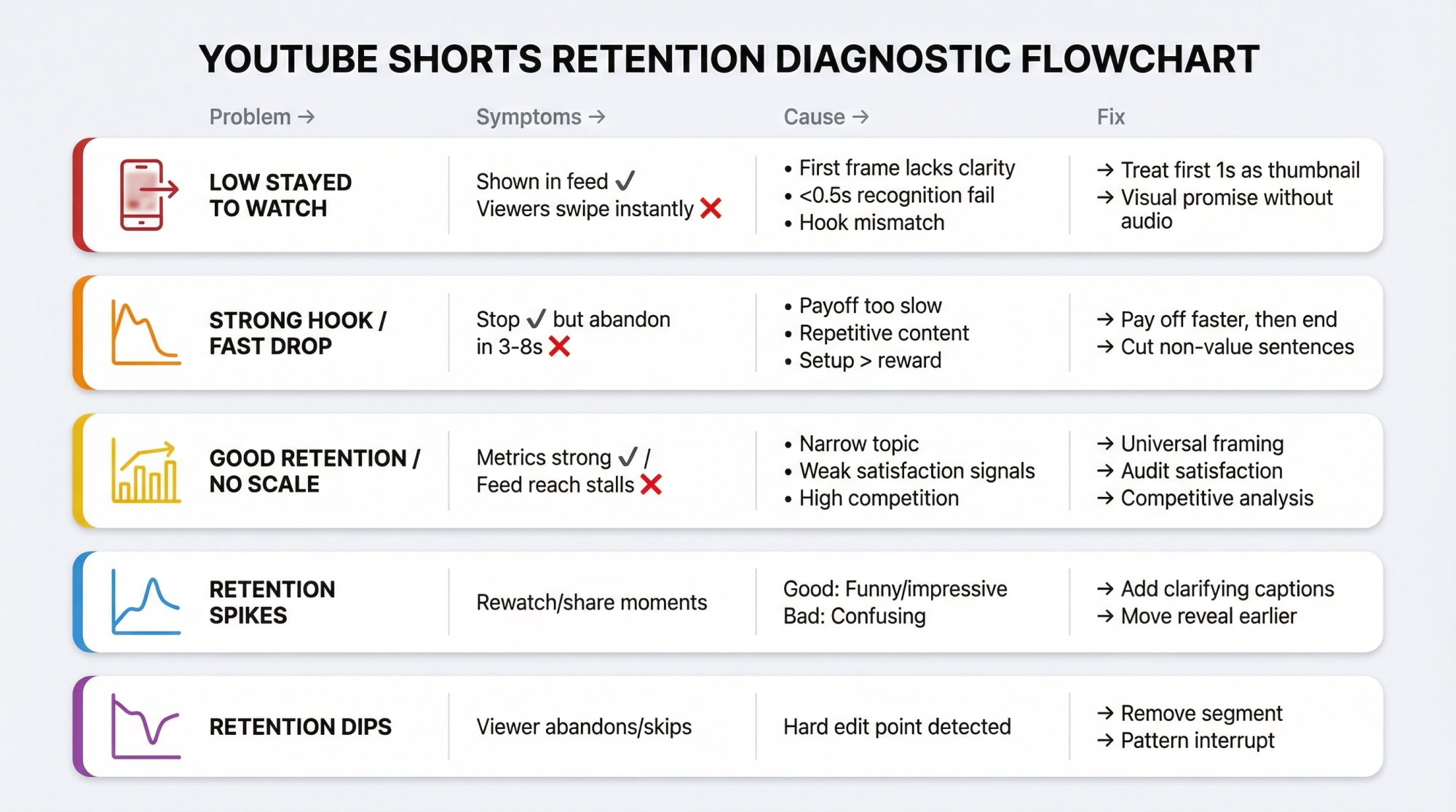 YouTube Shorts retention diagnostic flowchart showing five problem scenarios with symptoms, causes, and fixes