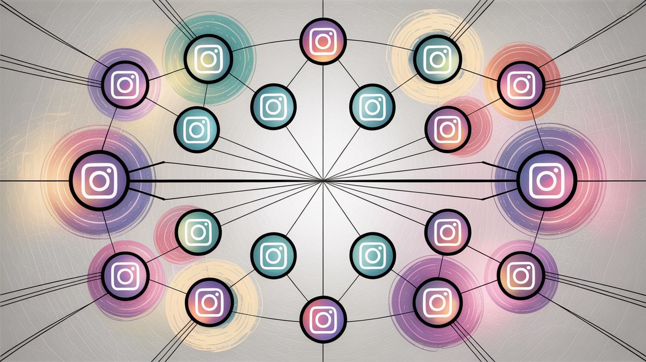 Network visualization showing Instagram content distribution through algorithmic selection with interconnected nodes