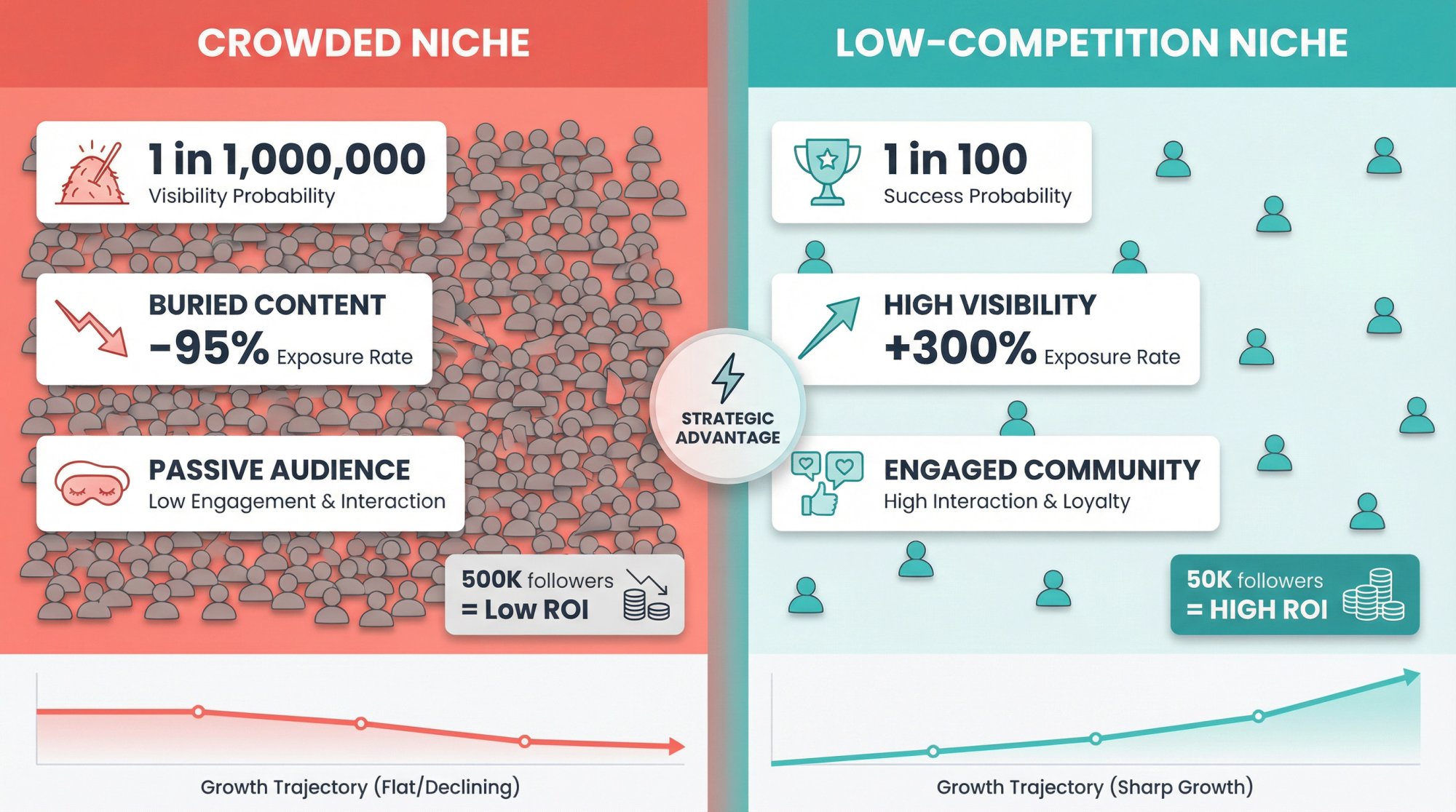Split comparison showing crowded niche with millions of competitors versus low-competition niche with clear advantages