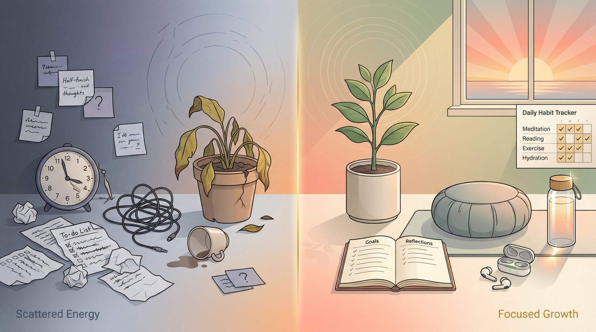 Abstract visual metaphor showing personal growth journey from chaos to clarity through meditation, productivity, and wellness