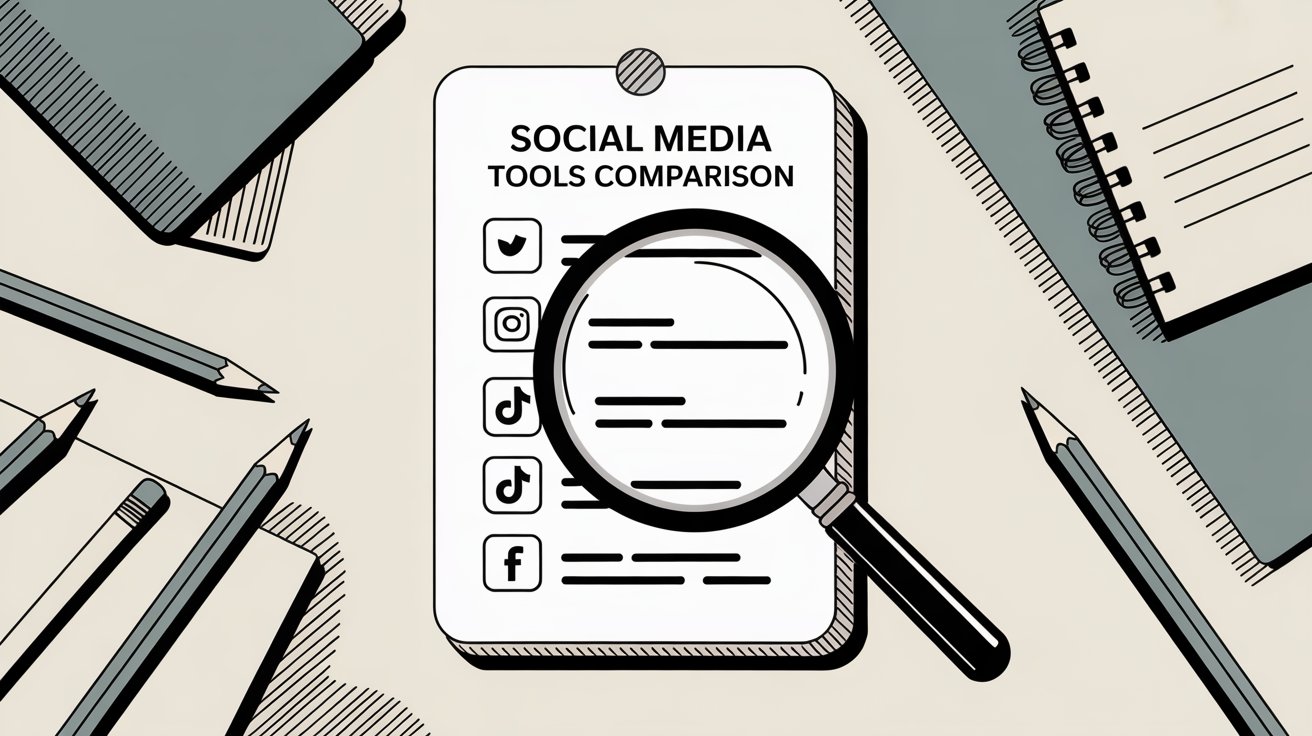 Social media tools comparison checklist with platform icons under magnifying glass