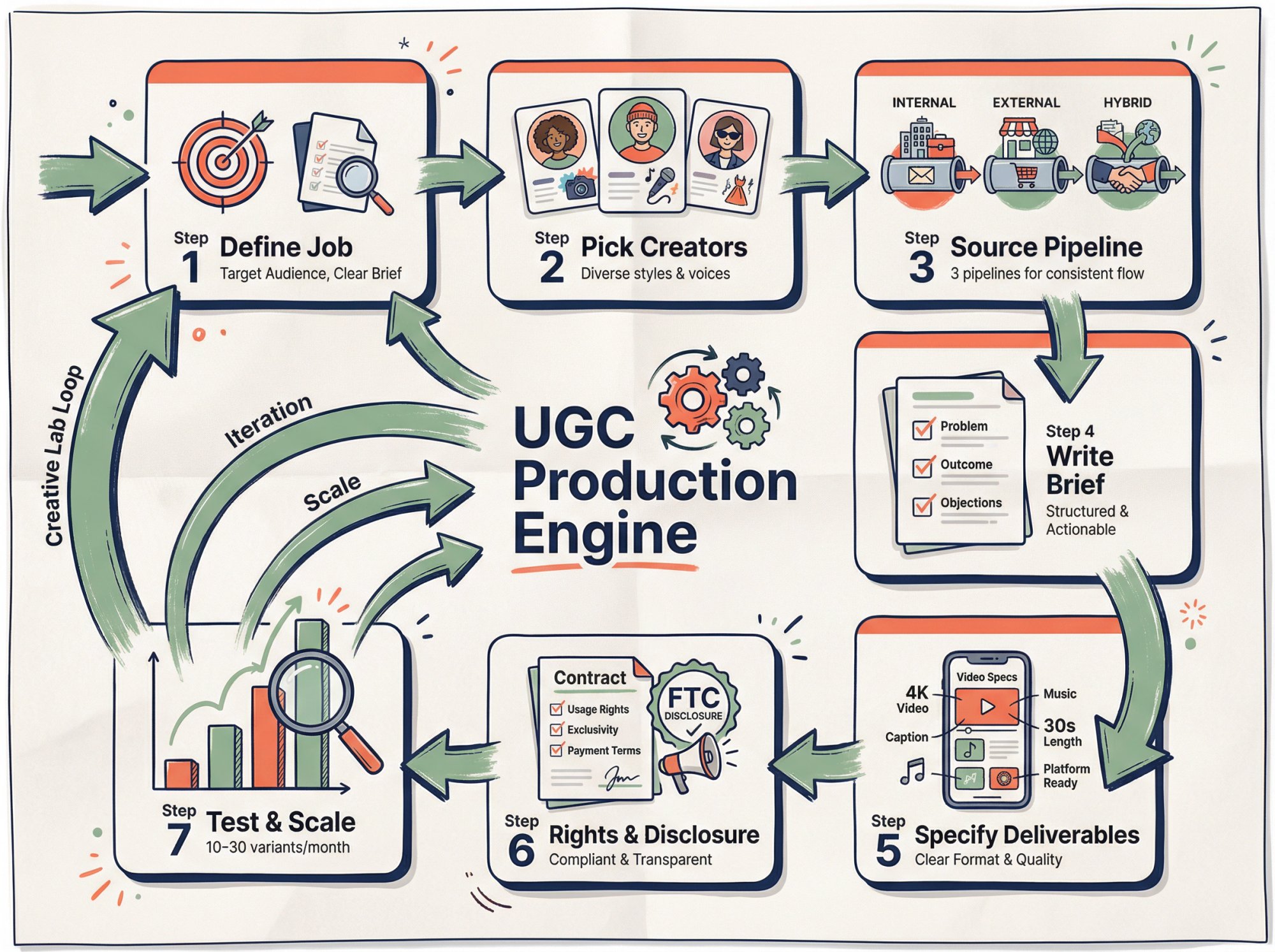 Seven-step UGC campaign workflow diagram showing Brief, Source, Deliver, Test, Learn, Iterate, Scale cycle