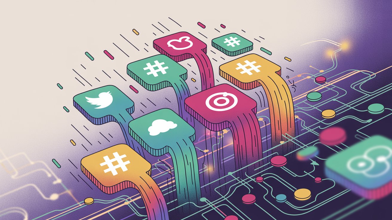 Hand-drawn 3D illustration of hashtag blocks with flowing data streams representing real-time social media tracking