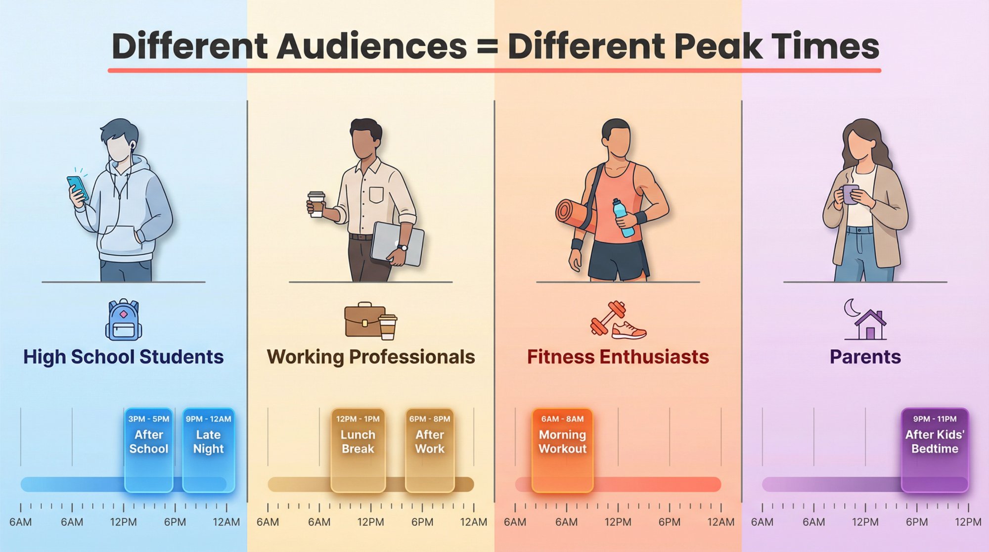 Split-panel illustration showing four distinct YouTube audience personas with their optimal posting windows throughout the day