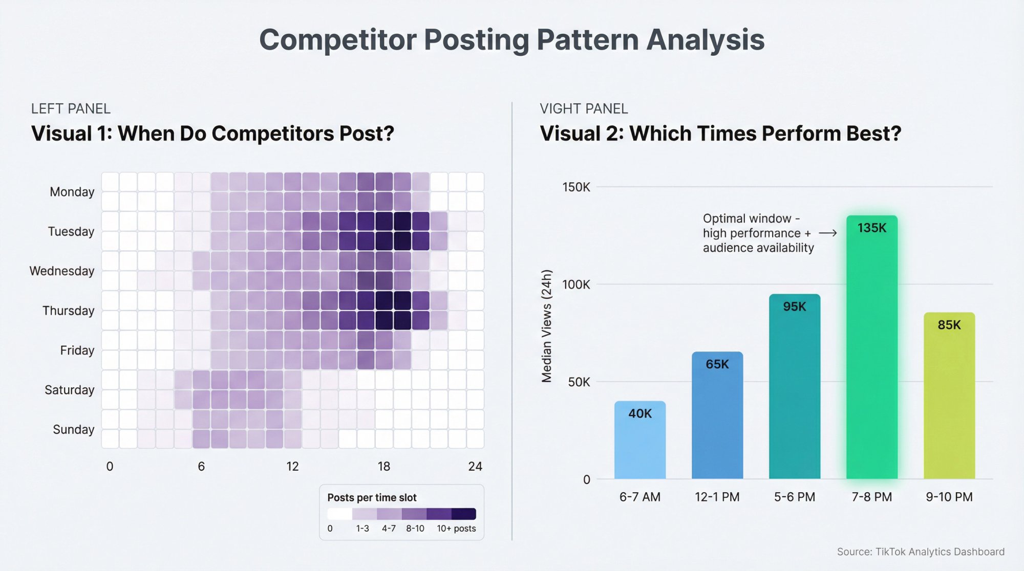 Side-by-side comparison of cadence heatmap and timing performance chart showing TikTok competitor posting patterns