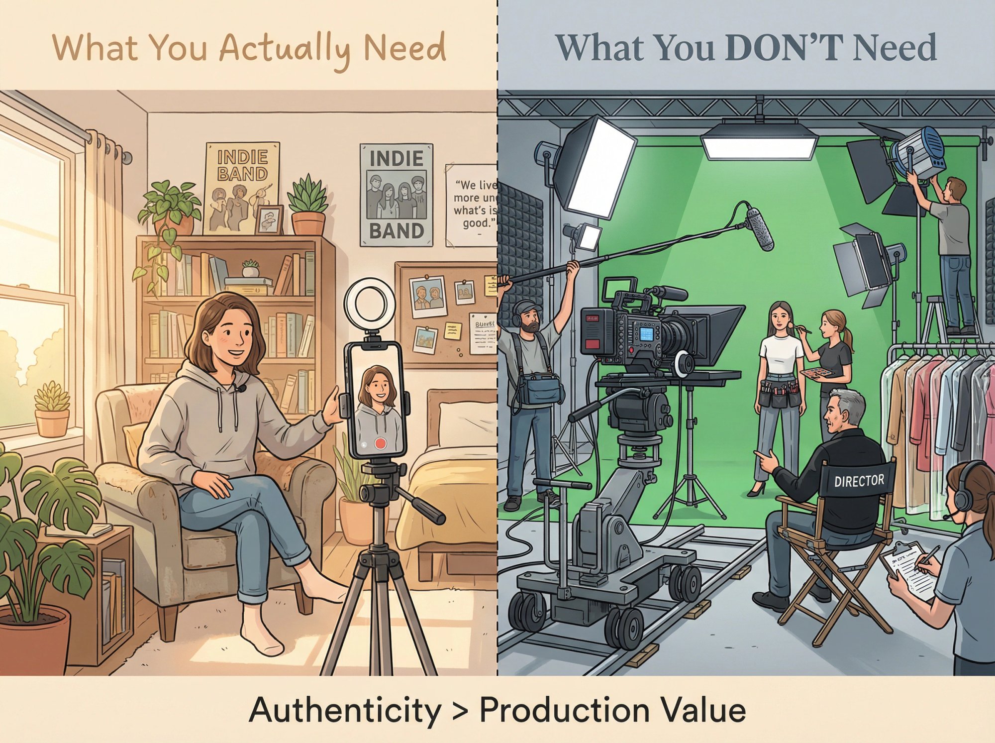 Split-screen comparison showing simple authentic TikTok setup vs over-produced studio, illustrating that authenticity wins over Hollywood production