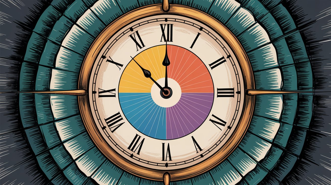Vintage clock with colorful segmented dial showing different time zones and optimal posting windows