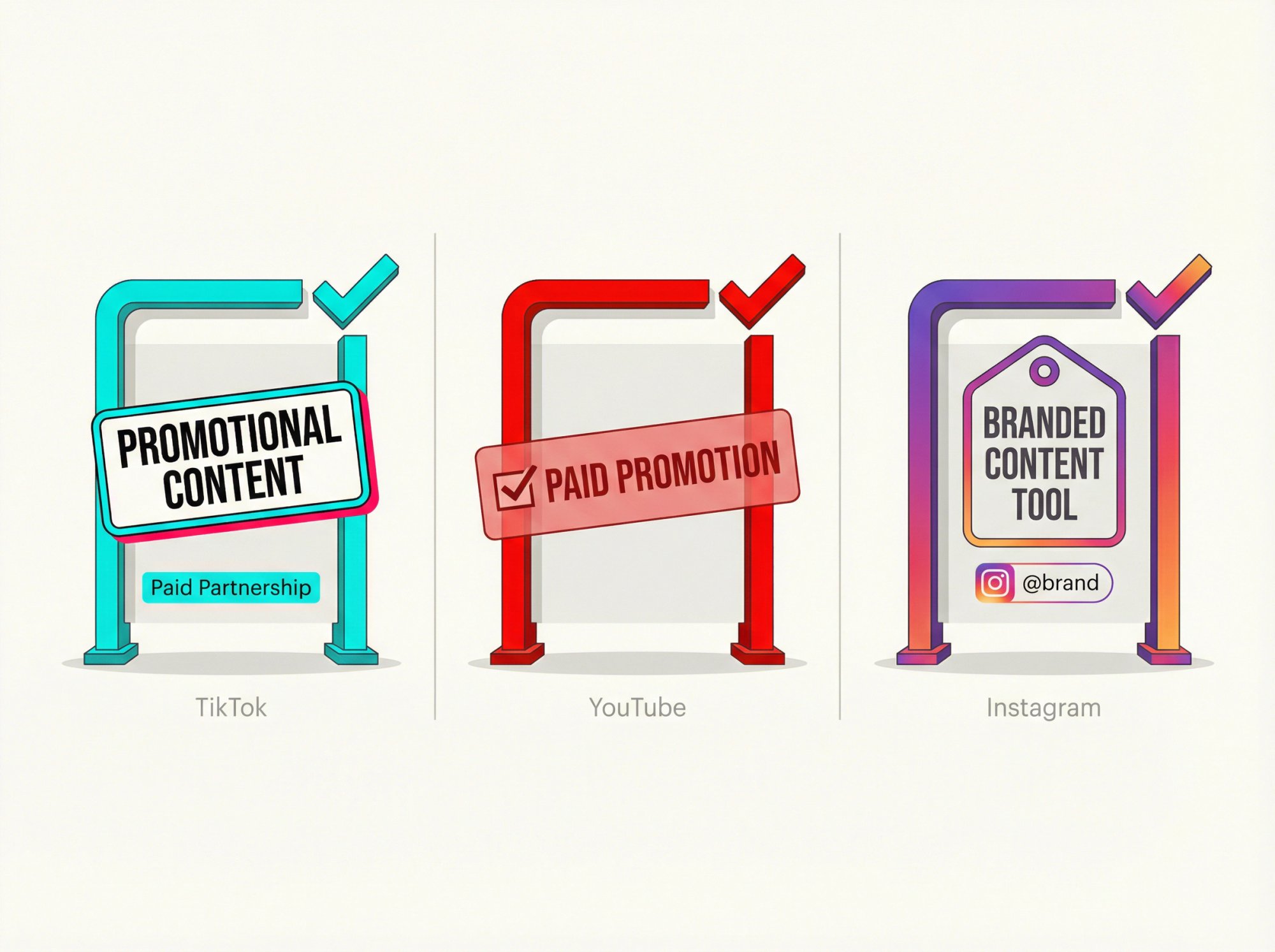 Editorial illustration of three platform compliance checkpoints with disclosure requirements for TikTok, YouTube, and Instagram