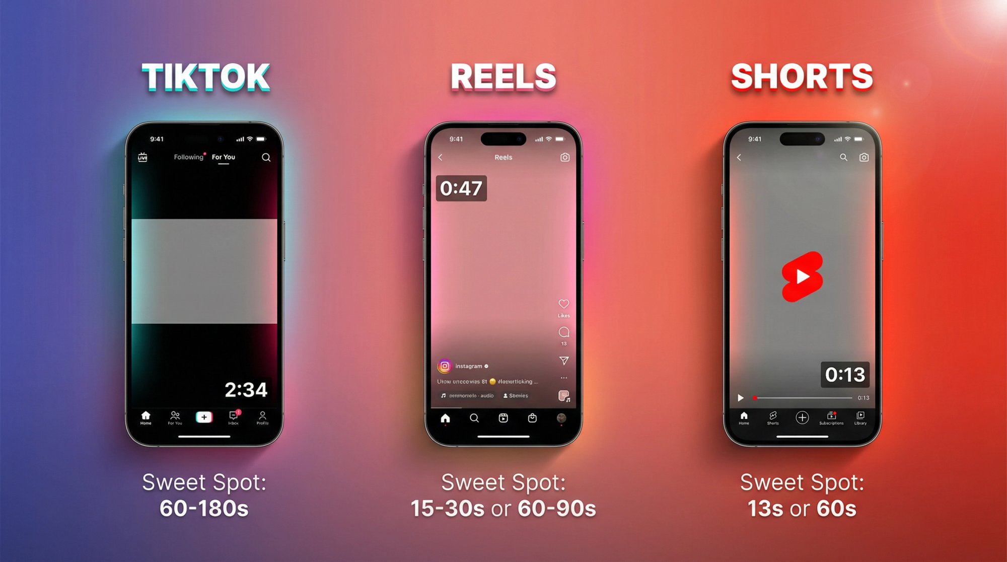 Three smartphone screens showing TikTok, Instagram Reels, and YouTube Shorts with different optimal video length indicators