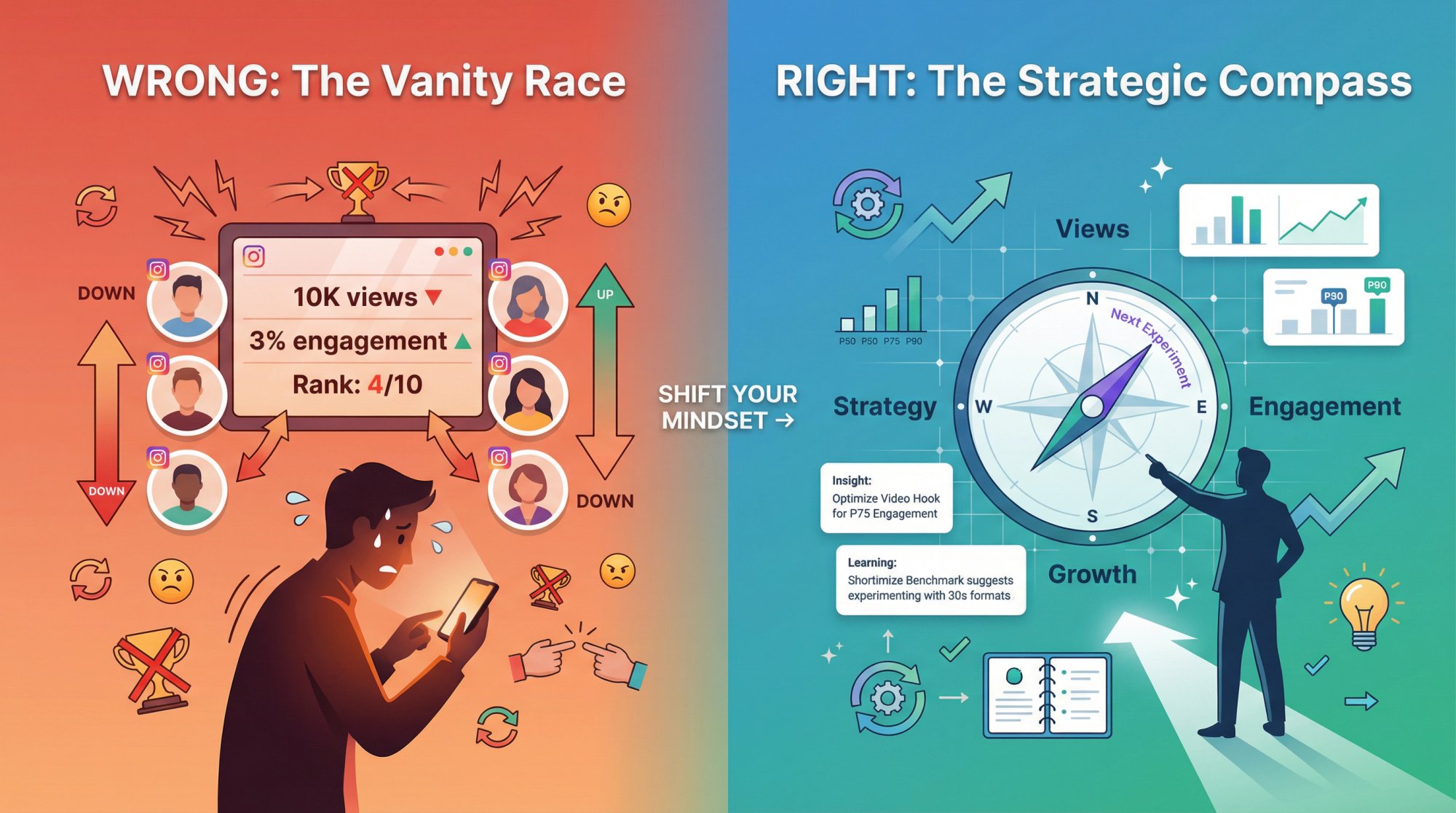 Split illustration contrasting scoreboard mentality versus strategic compass approach to Reels benchmarking
