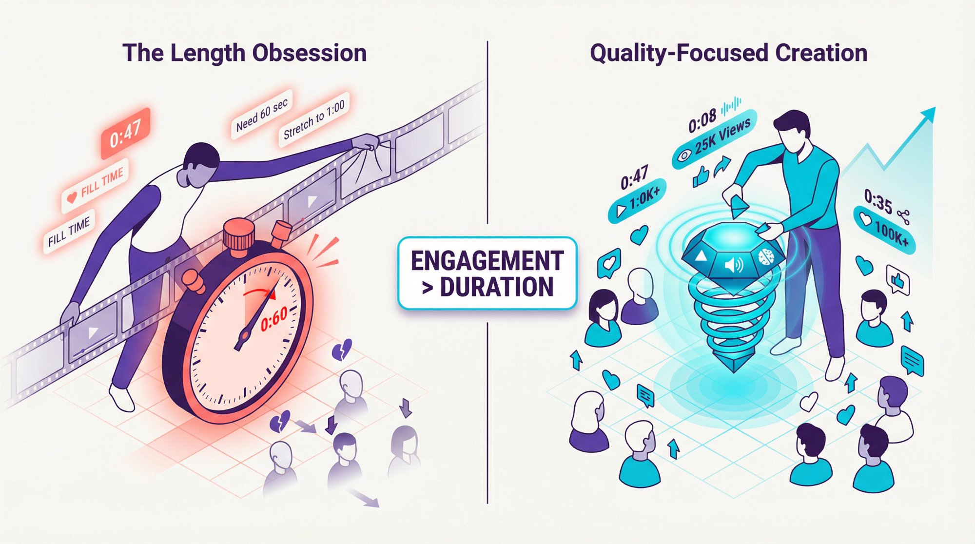 Editorial illustration contrasting length-obsessed versus quality-focused video creation approaches with symbolic visual metaphors
