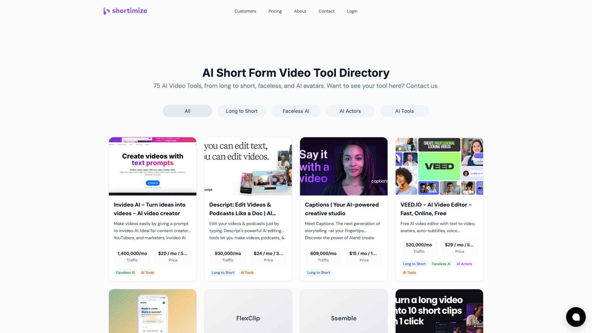 Shortimize AI Video Tools directory page displaying 75+ categorized tools for faceless content creation