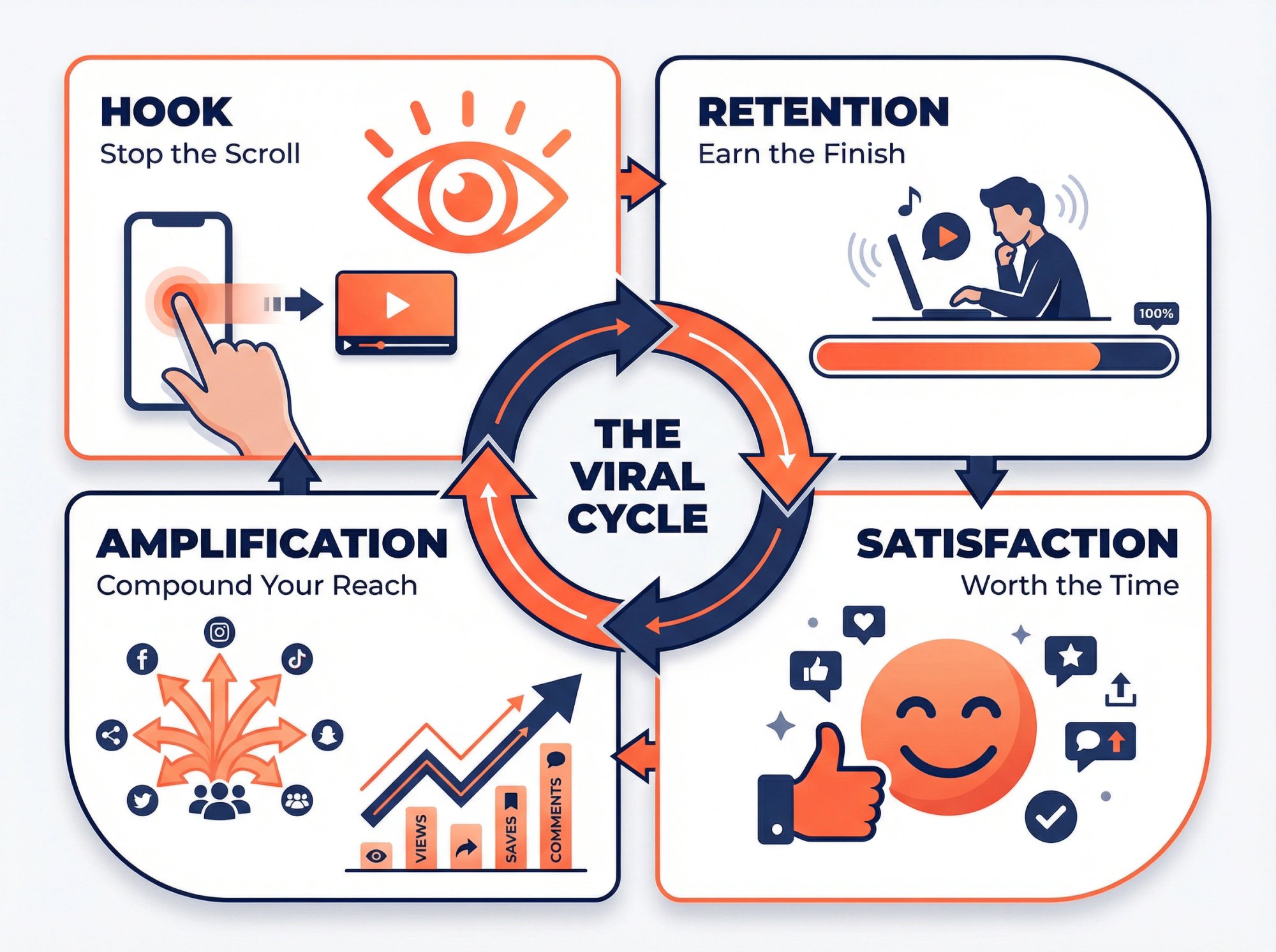 Four-quadrant framework showing the viral content cycle: Hook stops scroll, Retention earns finish, Satisfaction drives shares, Amplification compounds reach