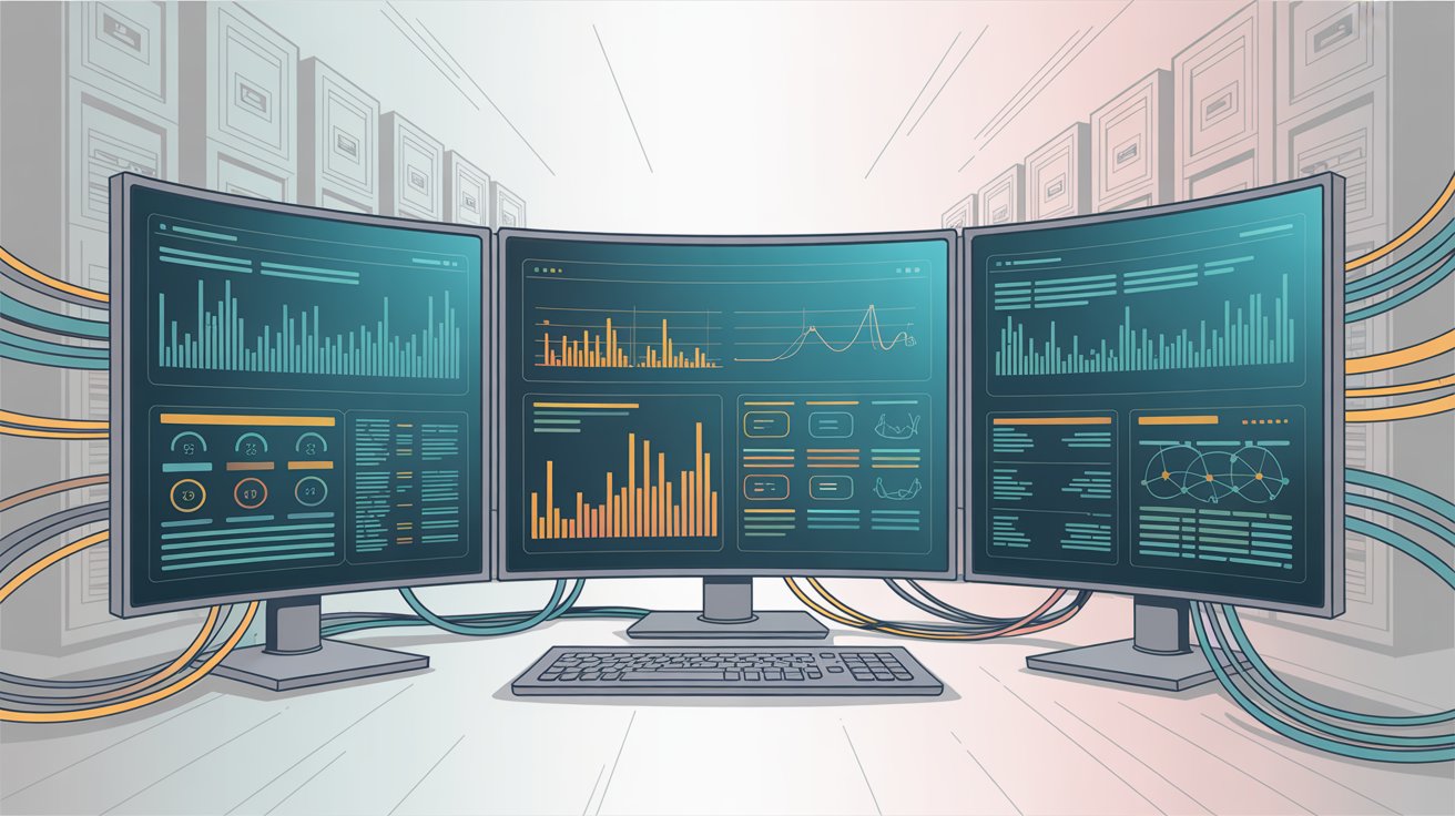 Hand-drawn illustration of enterprise monitoring command center with three dashboard screens displaying analytics and data visualizations