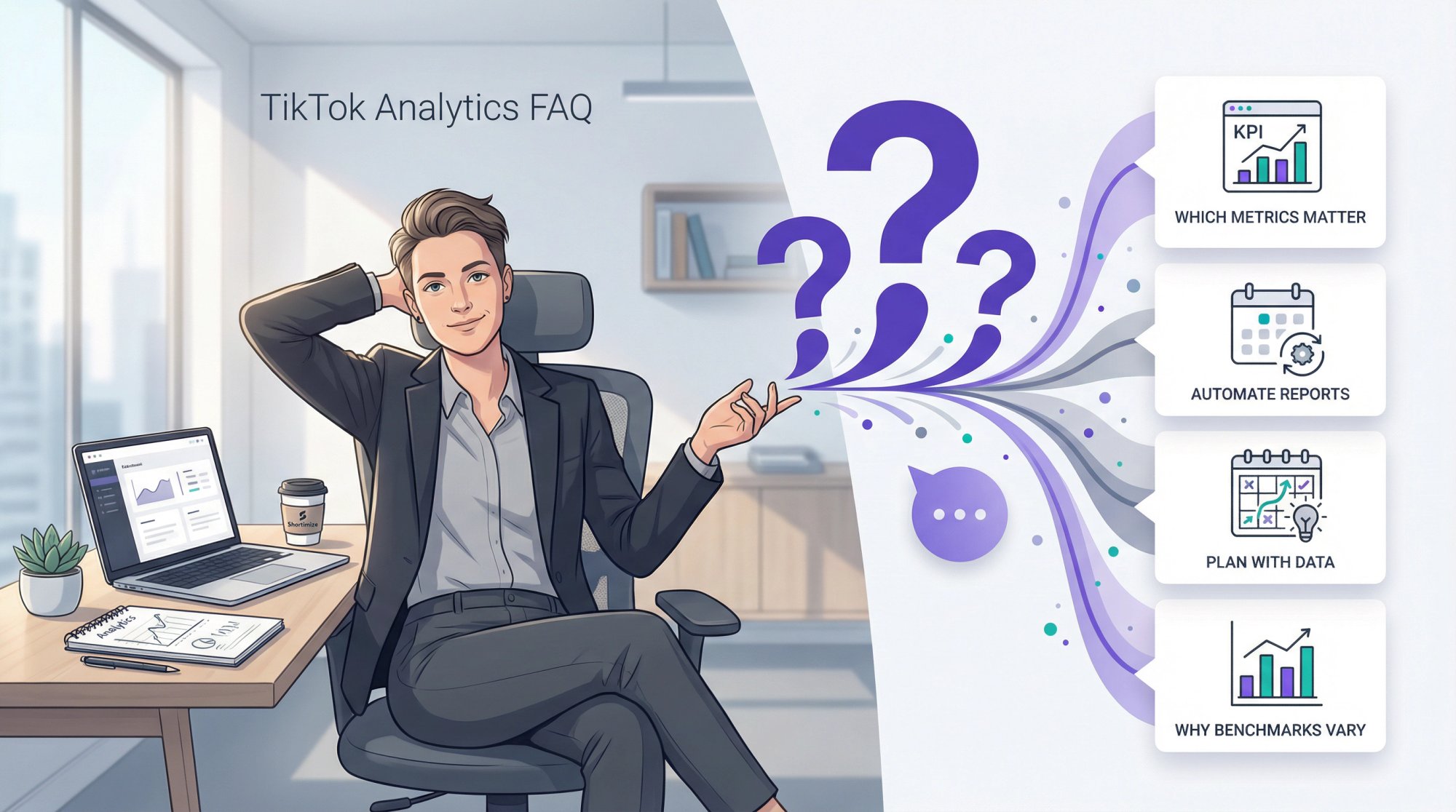 Modern illustration showing agency professional organizing TikTok analytics questions into clear, actionable answers