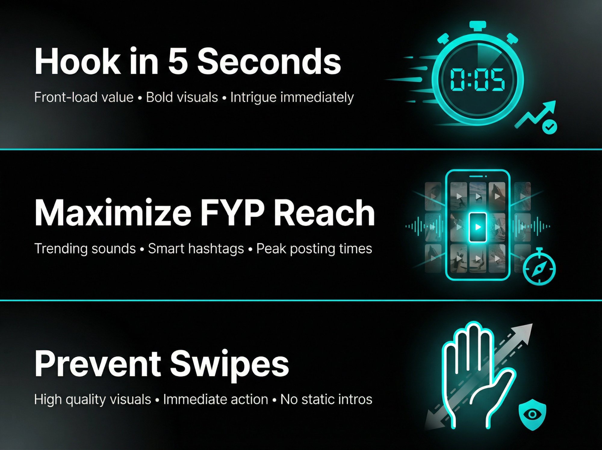 Three-panel infographic showing TikTok qualified views strategies: hook in 5 seconds, maximize FYP reach, prevent swipes