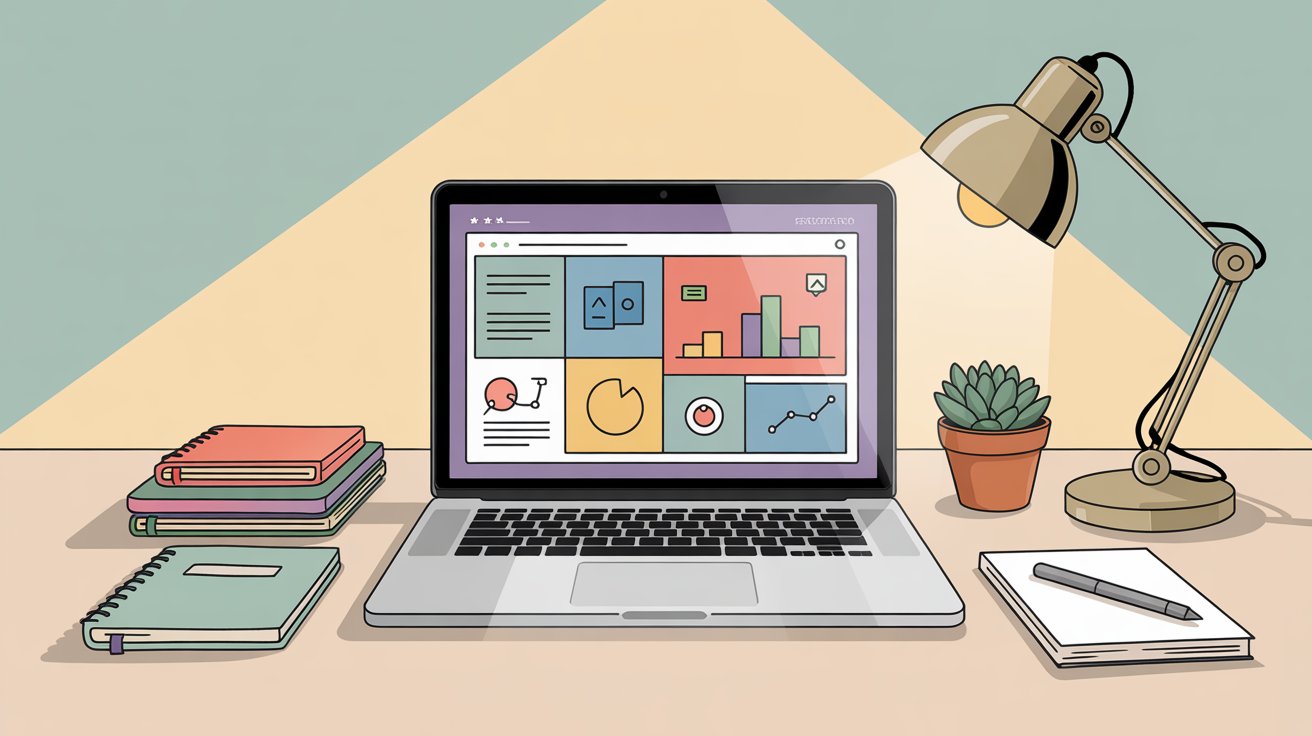 Professional workspace with laptop showing social media analytics dashboard, organized desk setup with books, plant, and lamp