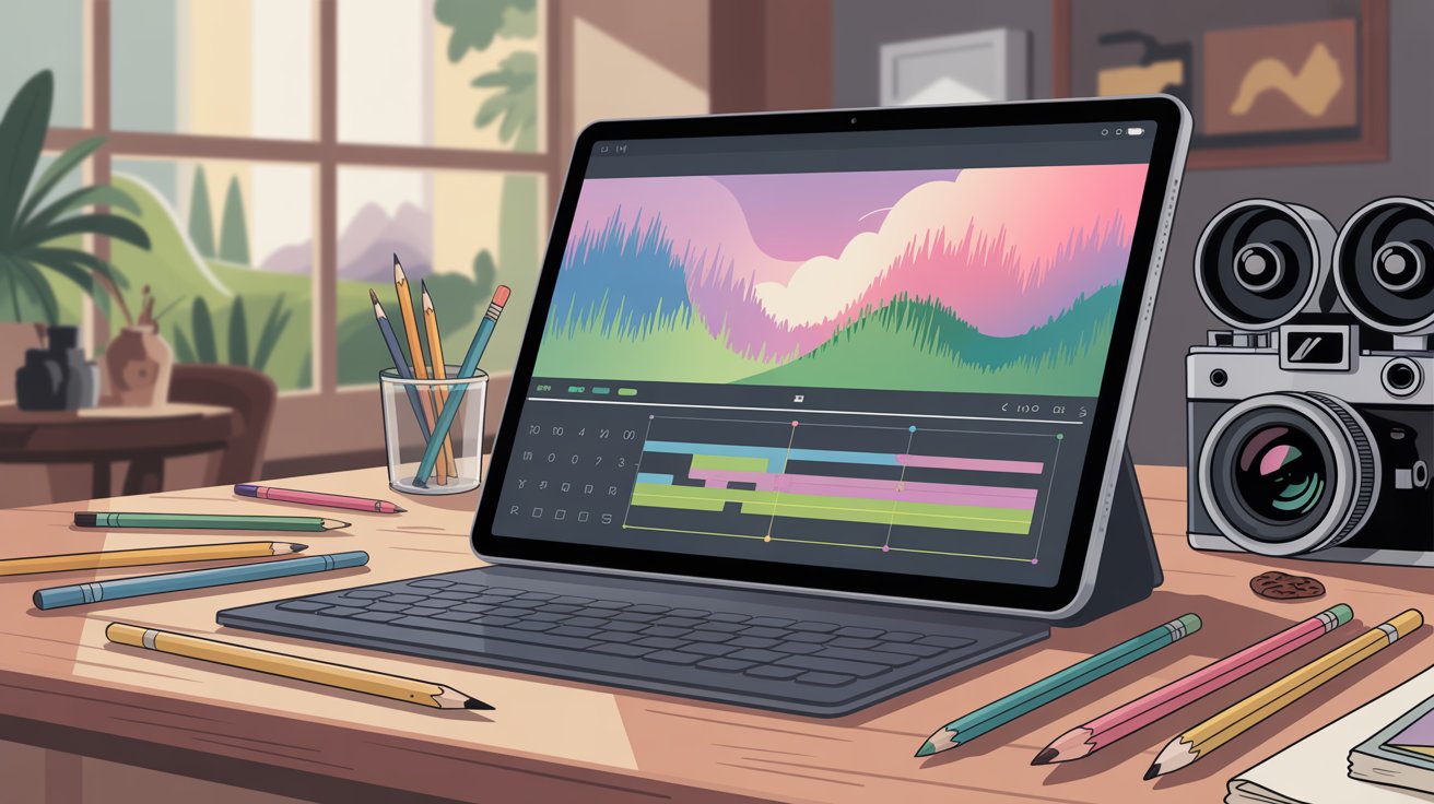 Mobile video editing workspace with creative tools and timeline interface