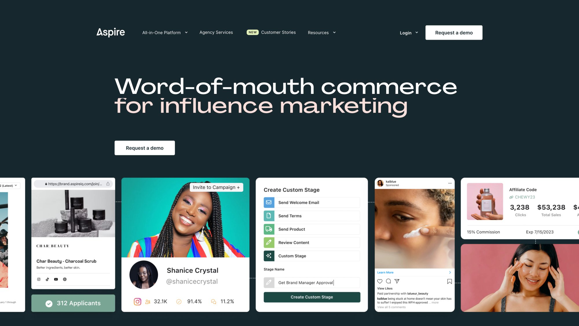 Aspire homepage showcasing user-friendly influencer campaign workflow and collaboration tools