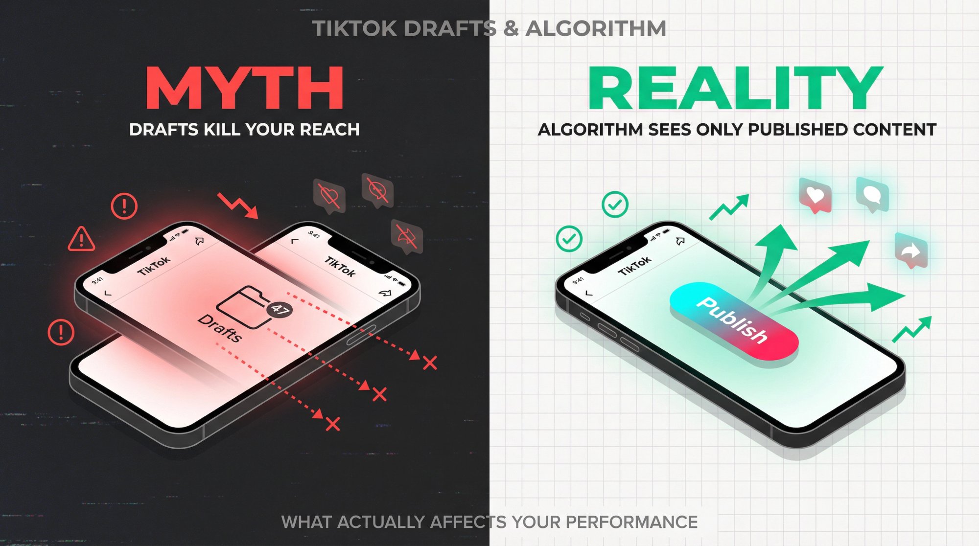Split editorial illustration showing myth versus reality of TikTok drafts affecting the algorithm