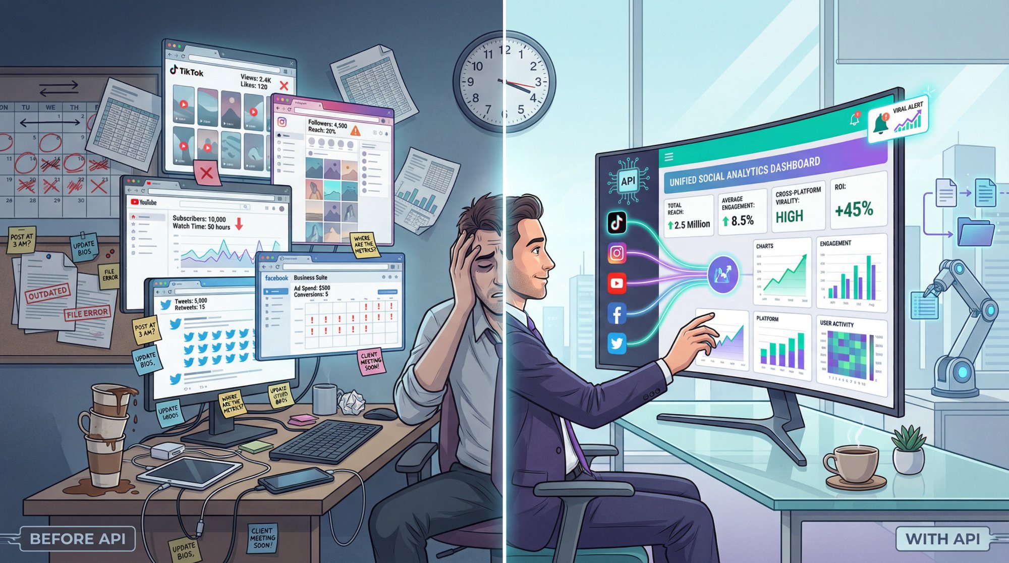 Side-by-side comparison showing the transformation from manual social media reporting chaos to automated API-driven intelligence