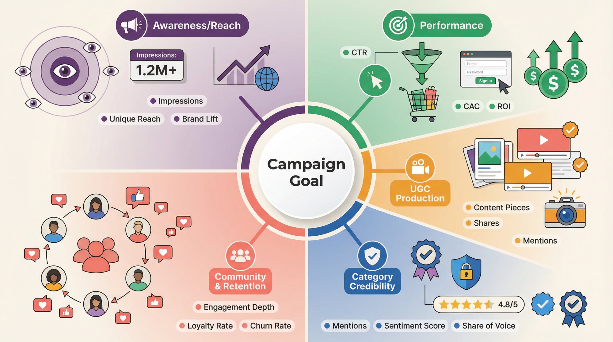 Five distinct influencer marketing goal paths branching from a central decision point with clear metrics