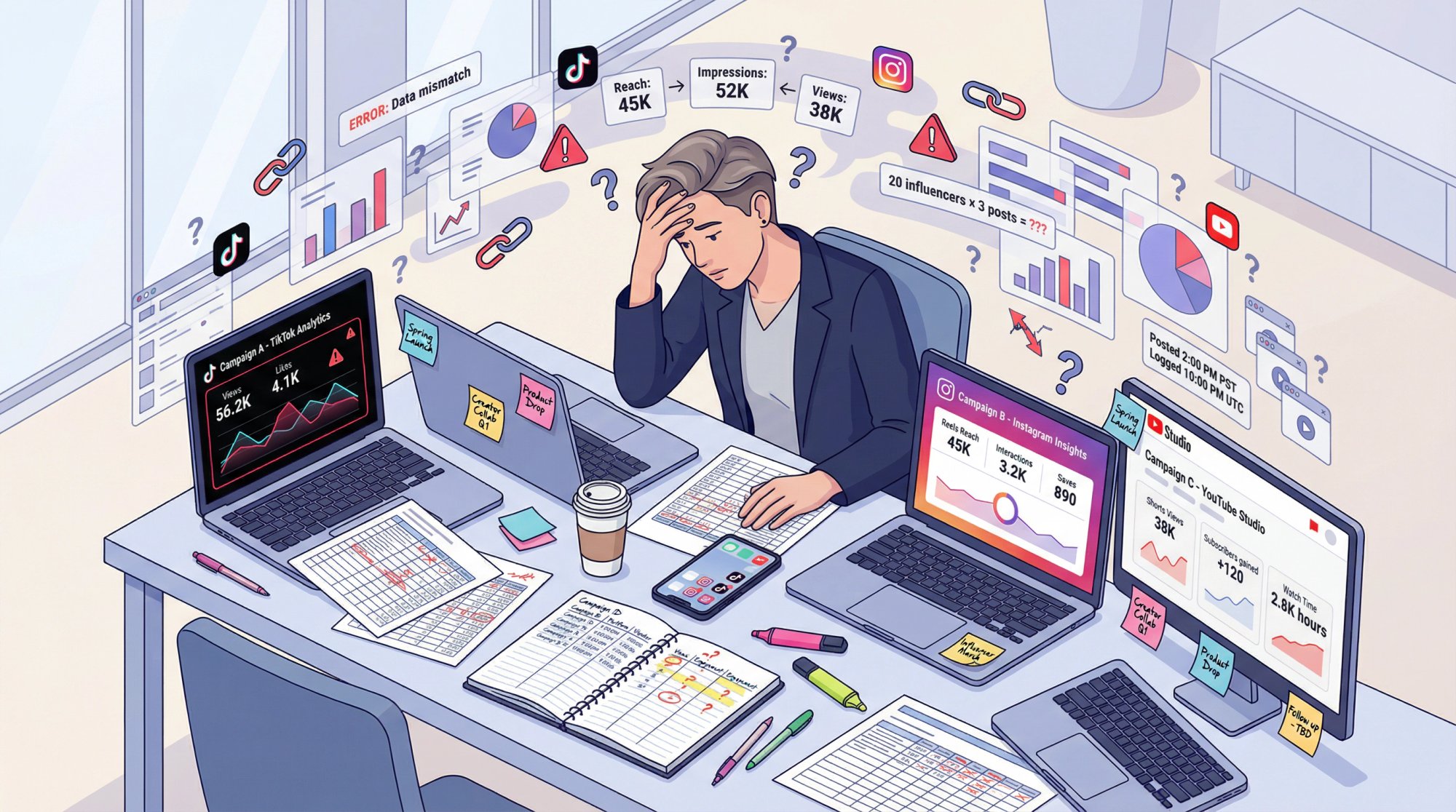 Overwhelmed marketing professional surrounded by multiple platform dashboards, scattered data, and conflicting metrics from TikTok, Instagram, and YouTube
