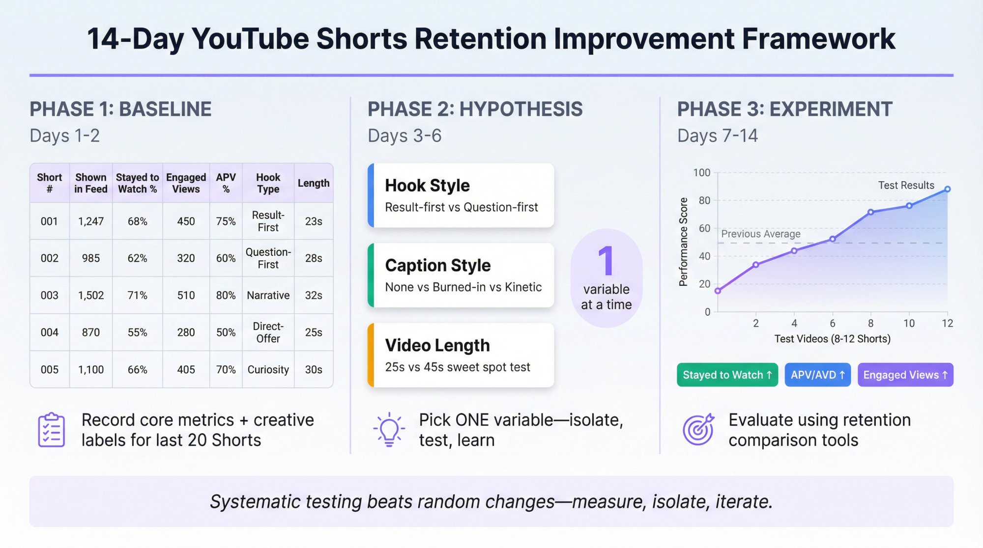 Three-phase experimental framework showing Days 1-2 baseline data collection, Days 3-6 variable selection, and Days 7-14 controlled testing with performance metrics