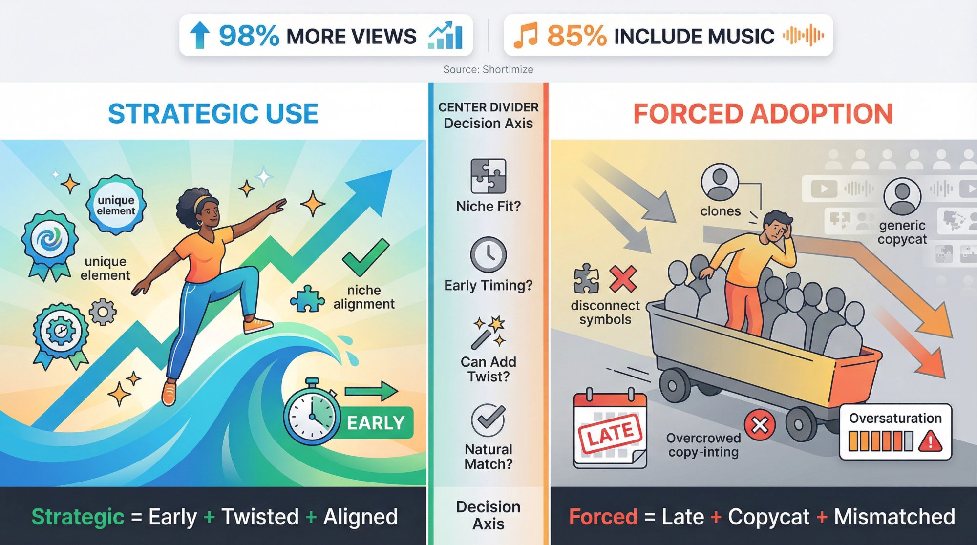 Split-panel strategic framework showing smart trend adoption vs forced trend-chasing on TikTok