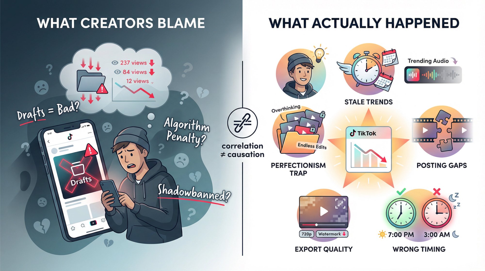 Split-screen editorial illustration contrasting perceived vs actual causes of poor TikTok draft performance