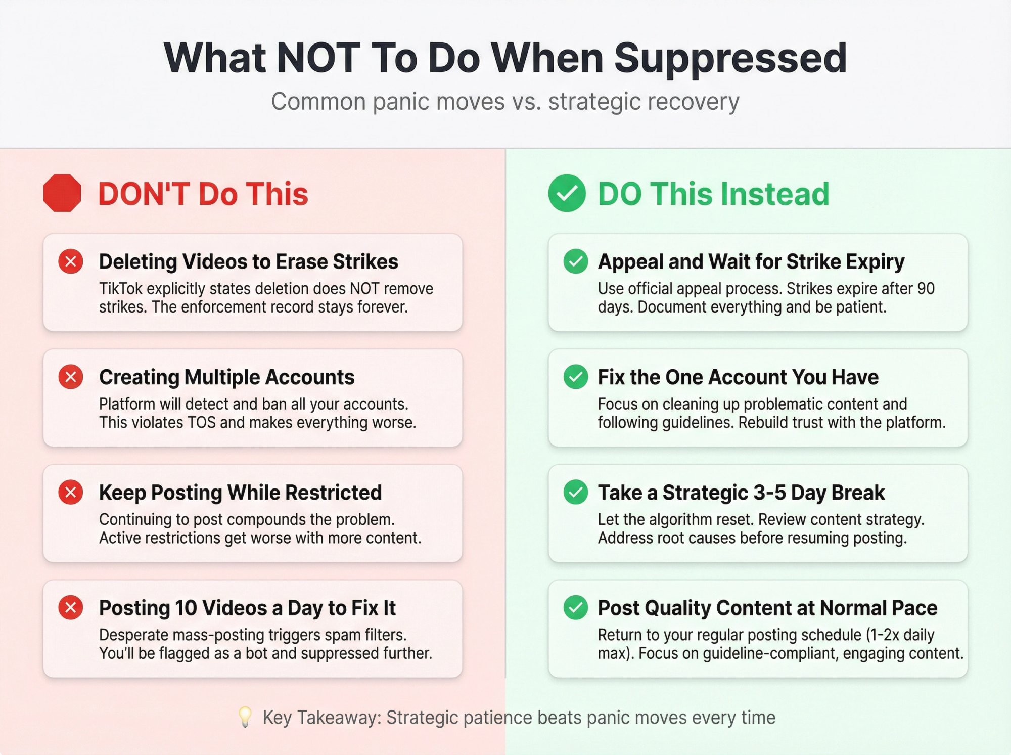 Side-by-side comparison showing 4 common TikTok suppression mistakes versus correct strategic actions