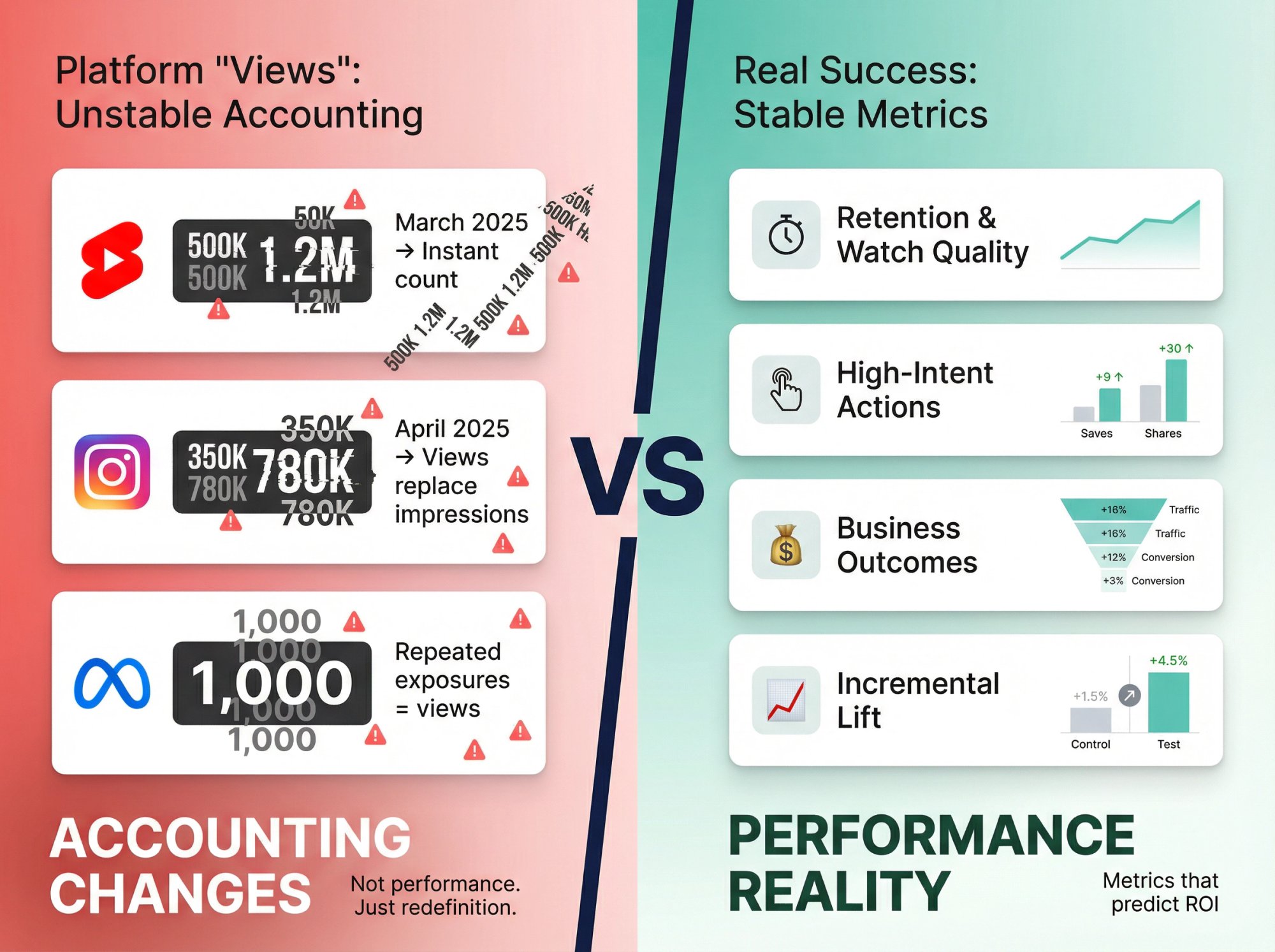 Split comparison showing unstable platform view metrics vs stable performance indicators for UGC campaigns