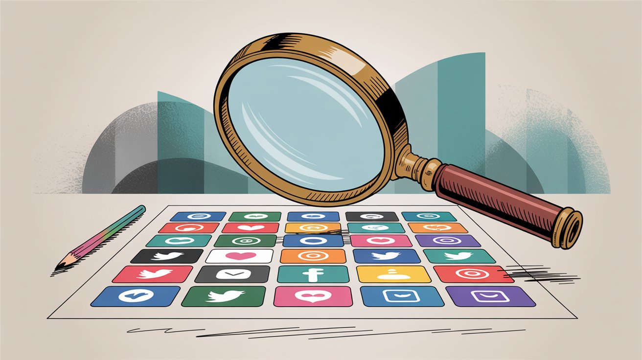 Magnifying glass examining grid of diverse social media platform icons representing multi-platform competitive analysis and tracking