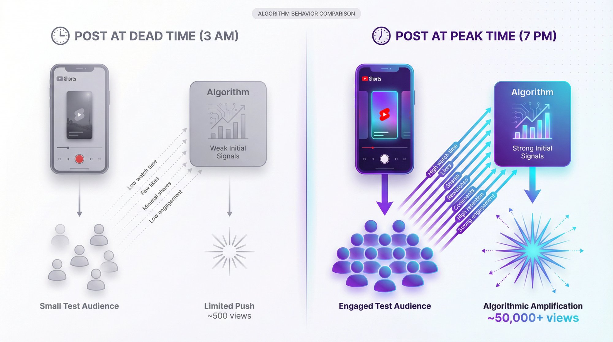 Split comparison showing YouTube Shorts algorithm testing process at dead time versus peak time with engagement signals