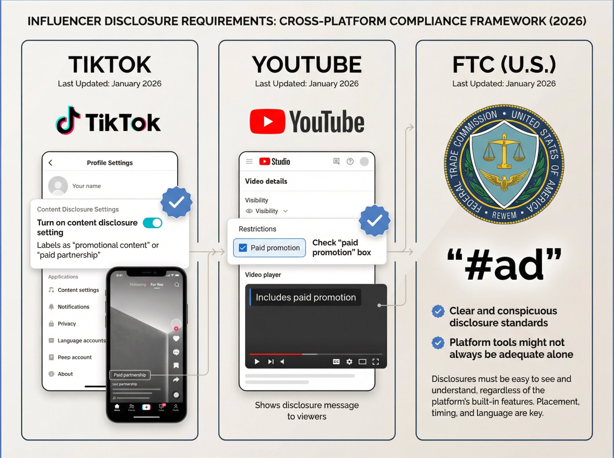 Visual guide to influencer disclosure requirements across TikTok, YouTube, and FTC regulations for 2026