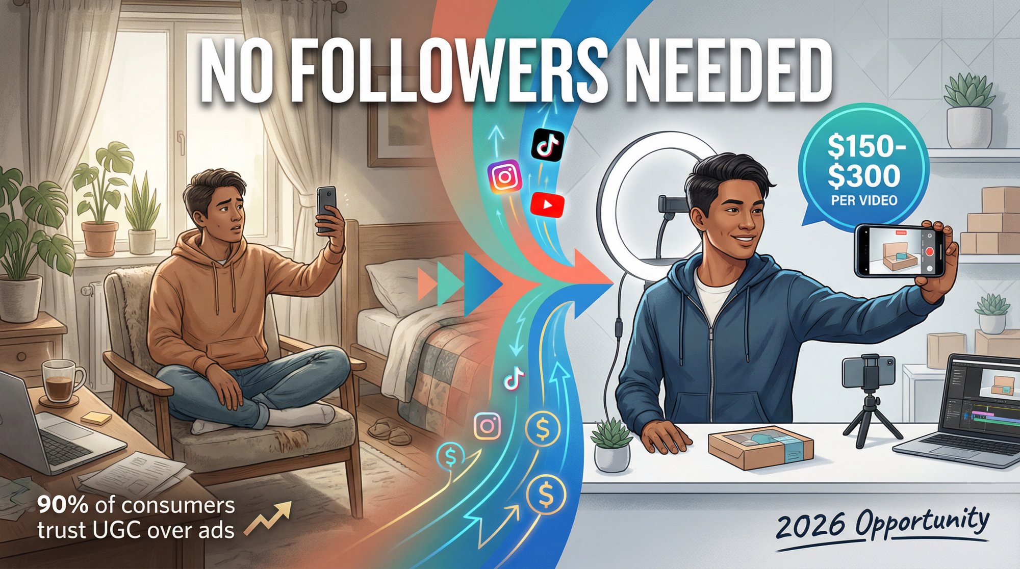 Split editorial illustration showing everyday person with smartphone transforming into paid UGC creator, featuring $150-300 earning potential